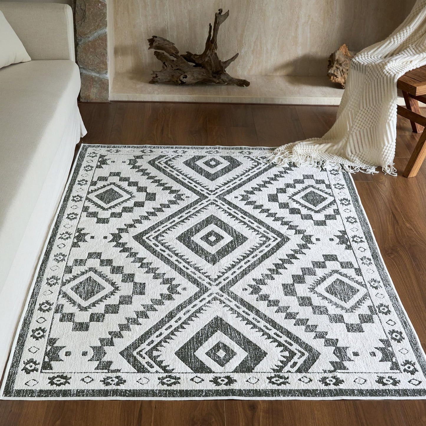 Moroccan Washable Area Rug 3x5, Geometric Tribal Decorative Woven Rug, Non-Slip Boho Farmhouse Soft Low-Pile Area Rug for Living Room Bedroom Nursery Dining Table, Dark Brown/White BST326H