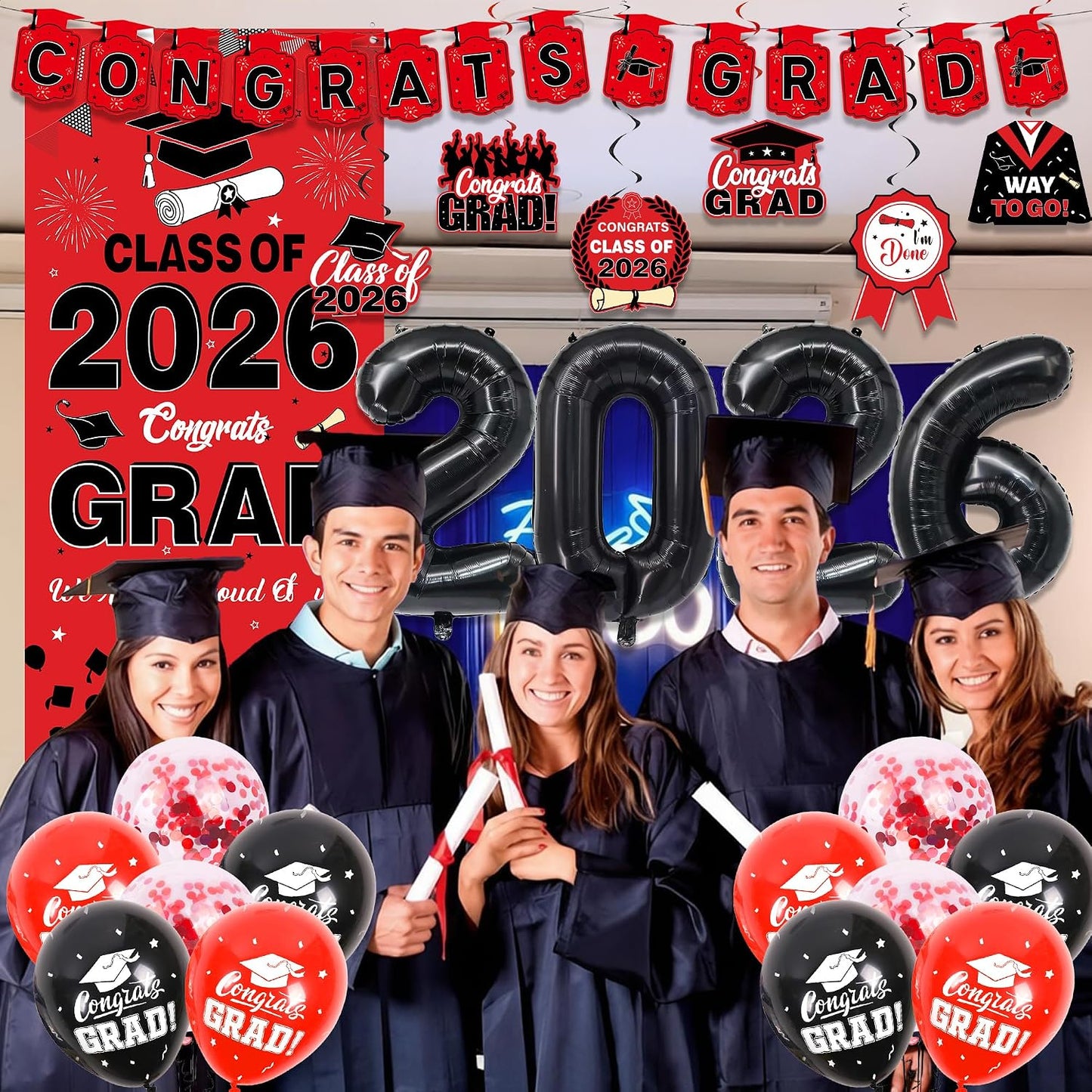 Class Of 2026 Graduation Decorations - 26 Pcs Red Black Congrats Grad Banners Vertical Backdrop Hanging Swirls Number Foil Balloons for Boys Girls High School College Grad Party Decoration Supplies BST220