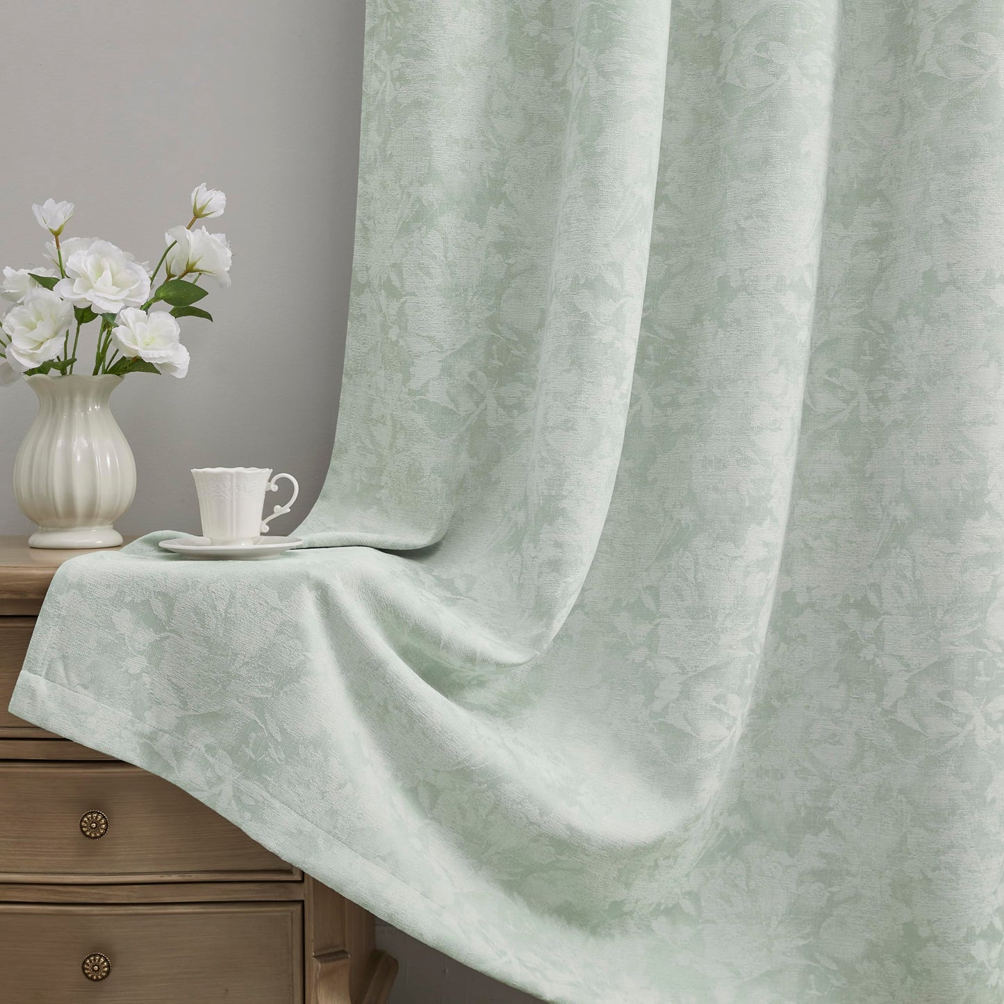 Beauoop Green Floral Jacquard Blackout Curtains 90 Inches Long 2 Panels for Bedroom Living Room Sage Flower Chenille Room Darkening Thermal Insulated Soundproof Grommet Window Treatments Drapes, 52x90 BST220
