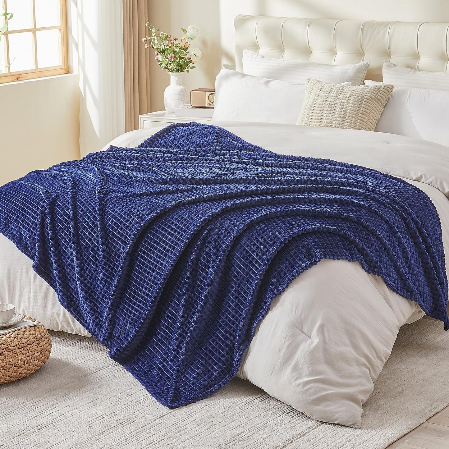 EMME Fleece Blanket, 3D Jacquard Throw Blanket for Couch and Bed, Soft Cozy and Fluffy Blankets Lightweight Luxury Flannel with Waffle Design (Navy Blue, 50" x 60") BST202