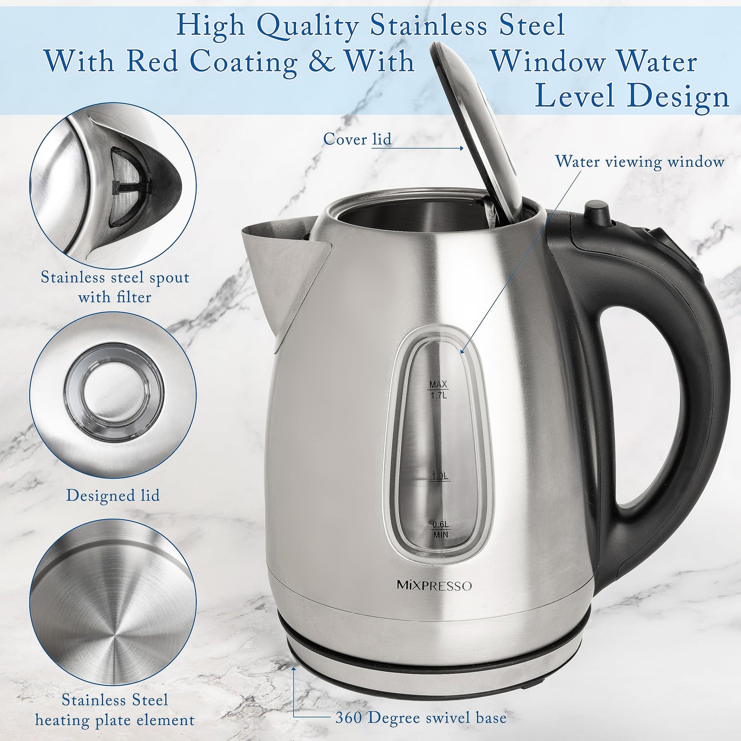 Mixpresso Electric Kettle Temperature Control, Hot Water Kettle Electric, Cordless 1 Liter Capacity, Keep Warm & LED Indicator, Auto-Shutoff, Boil-Dry Protection, Stainless Steel Electric Kettle BST220