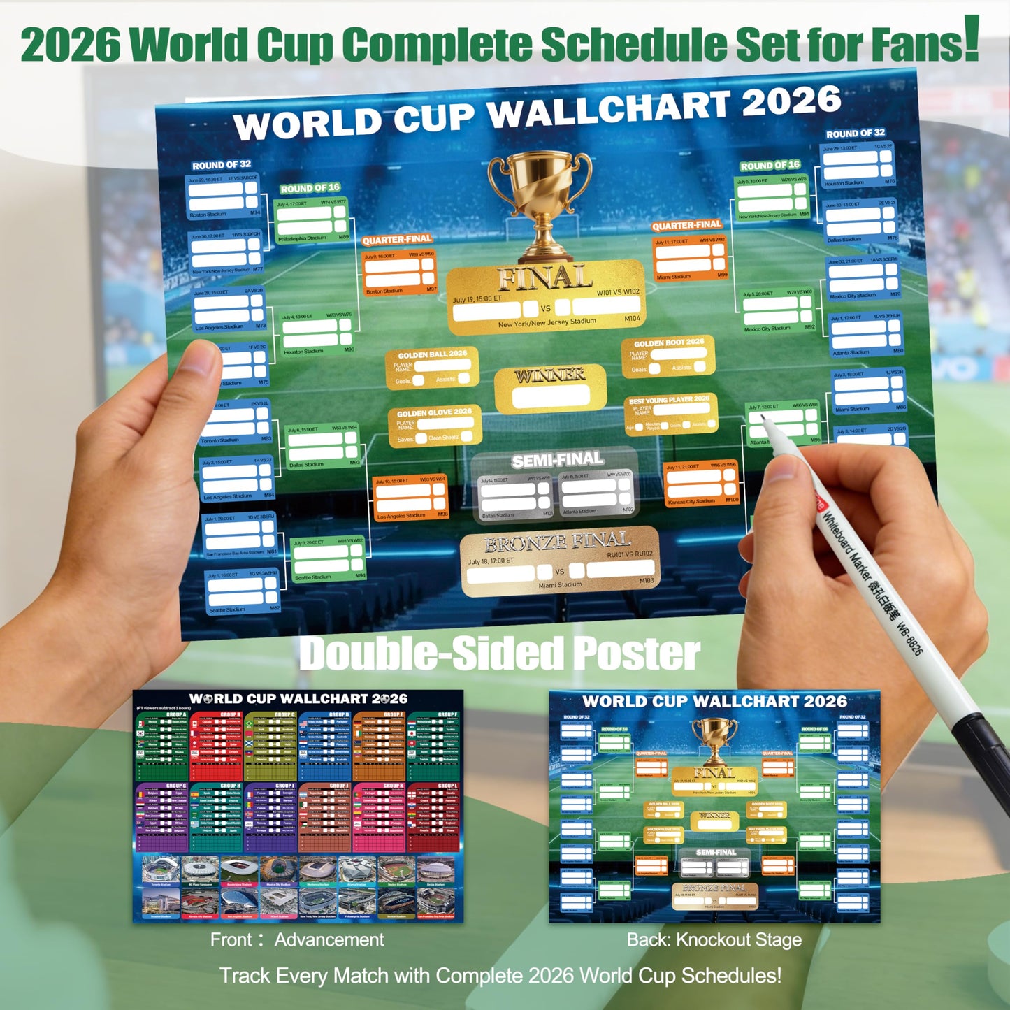 World Cup 2026 Fan Accessories with Large 3x5 ft Flag, Match Tracker Poster, Stickers, Cheering Sticks, Clapper & Scarf, World Cup Decorations Fan kit for Soccer Watch Party, Stadium and Home Cheering BST202