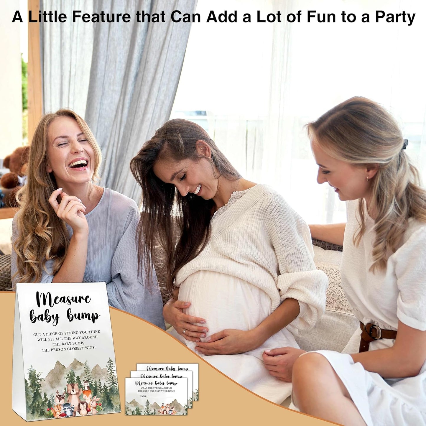 Woodland Baby Shower Game, Jungle Animal Safari Measure Baby Bump, 1 Standing Sign with 50 Cards for Gender Neutral Shower - A02 BST326L
