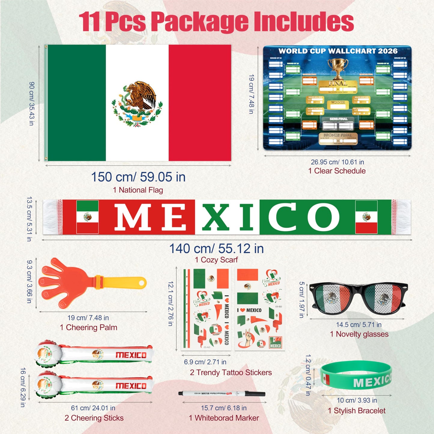 World Cup 2026 Fan Accessories with Large 3x5 ft Flag, Match Tracker Poster, Stickers, Cheering Sticks, Clapper & Scarf, World Cup Decorations Fan kit for Soccer Watch Party, Stadium and Home Cheering BST202