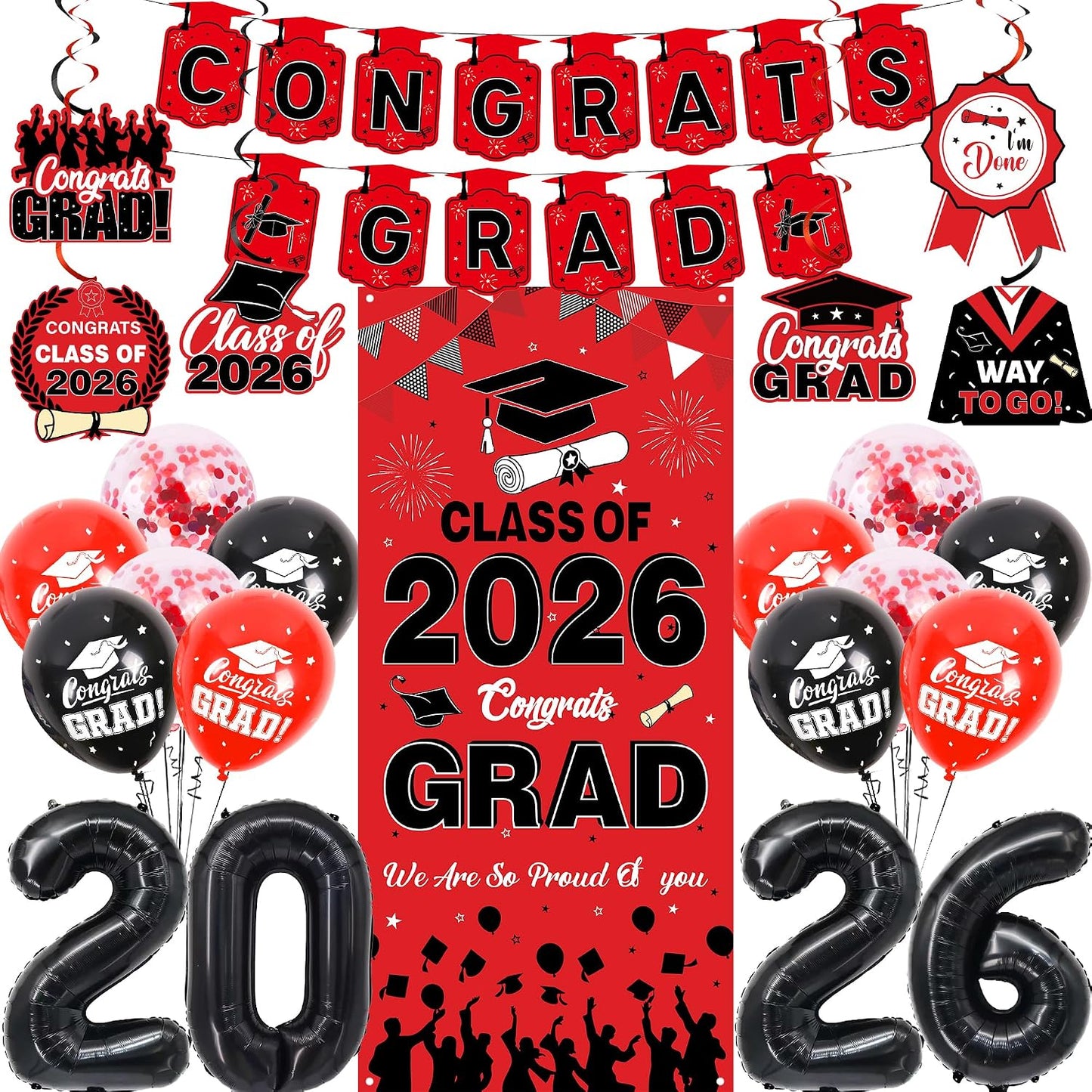 Class Of 2026 Graduation Decorations - 26 Pcs Red Black Congrats Grad Banners Vertical Backdrop Hanging Swirls Number Foil Balloons for Boys Girls High School College Grad Party Decoration Supplies BST220
