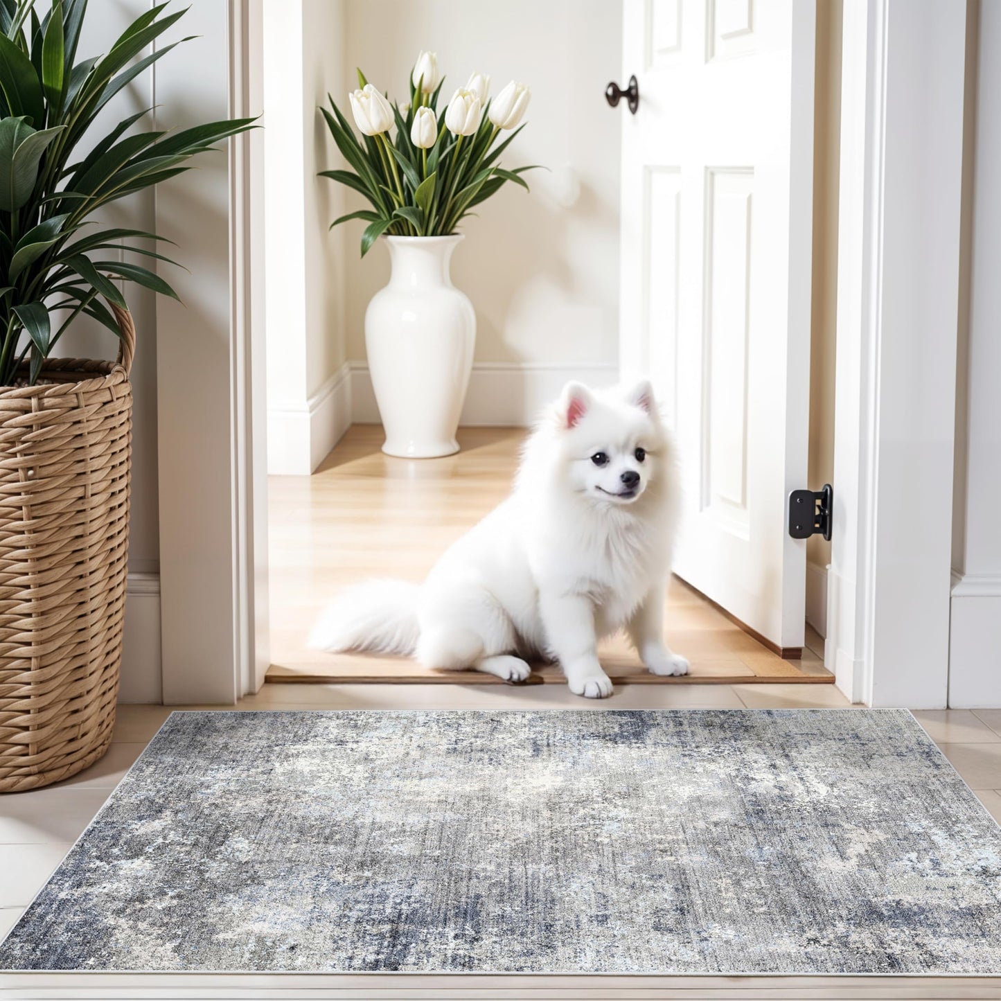 2x3 Washable Entryway Rug – Non-Slip Modern Abstract Neutral Small Throw Area Rug for Kitchen, Bedroom – Soft Low Pile Thin Indoor Door Mat（Black Grey,2x3） BST326H