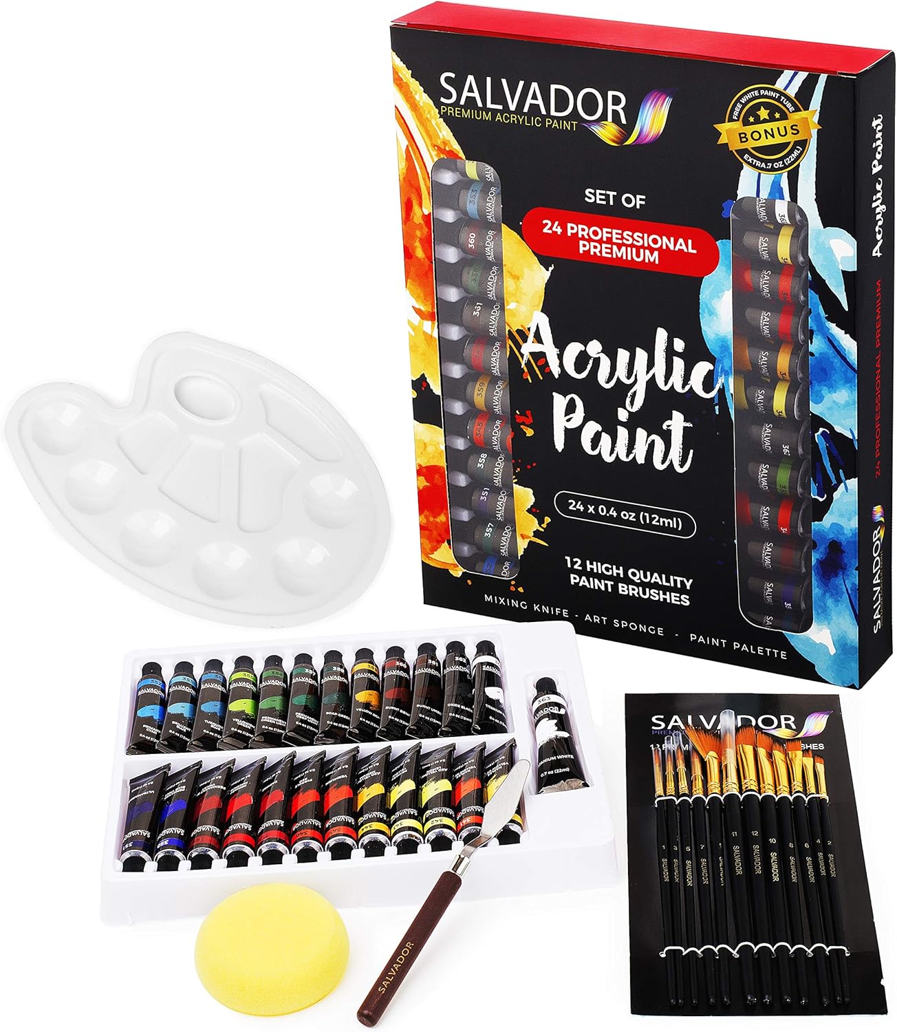 SALVADOR 40 Piece Acrylic Paint Kit, 24 Tubes of 0.4 oz Premium Paints, Mixing Knife, Paint Palette with Sponge