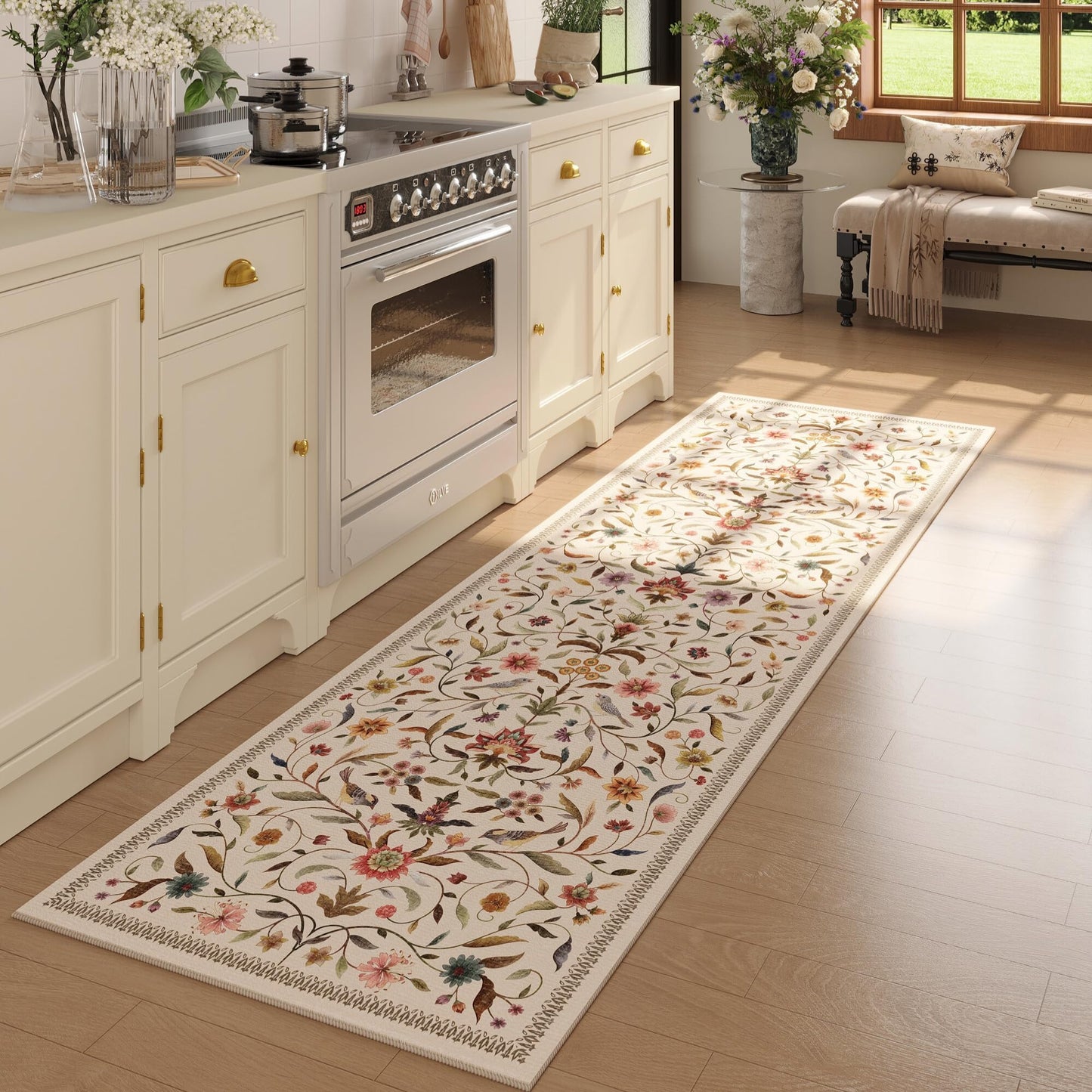 Vintage Medallion Floral Kitchen Runner 2x6, Machine Washable Rug, Soft Low Pile, Non-Slip Carpet for Hallways, Laundry, Bedroom, Bathroom, Entryway | Pink BST220
