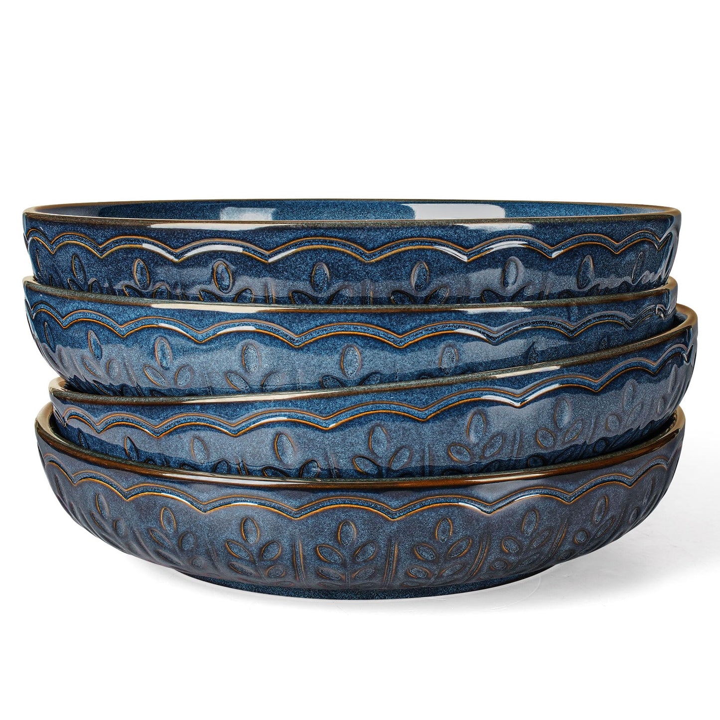 Artena Pasta Bowls, 50oz Large Salad Serving Bowls, 9.75'' Plates Bowls Set of 4, Big White Ceramic Soup Bowls for Kitchen, Embossment Shallow Dinner Bowl, Microwave Dishwasher Safe, Willow Leaf BST326H