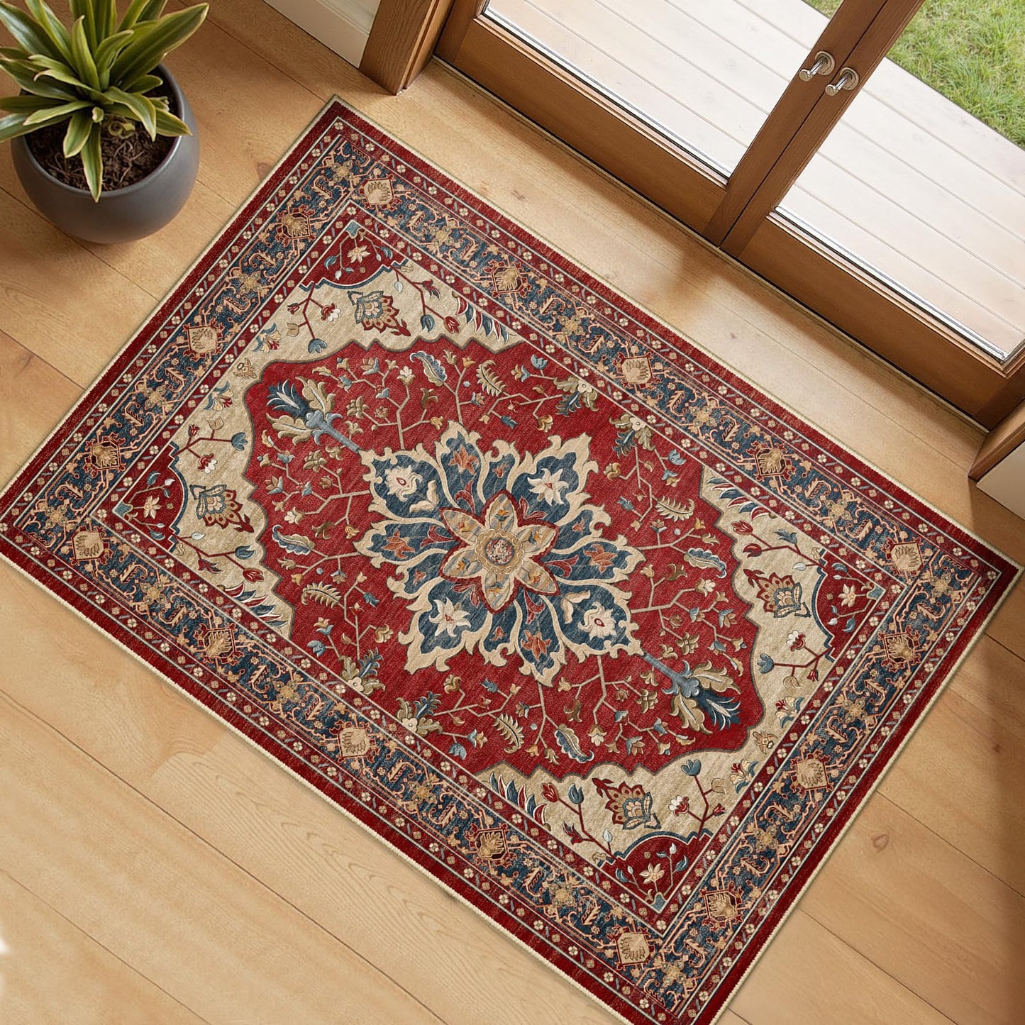 RELEANY Area Rugs Runner 2'x6' Washable Non-Slip, Floral Vintage Distress Medallion Carpet for Kitchen Hallway Bedroom Beside Laundry Room Bathroom, Teal Green Lake Blue Turquoise DD1210
