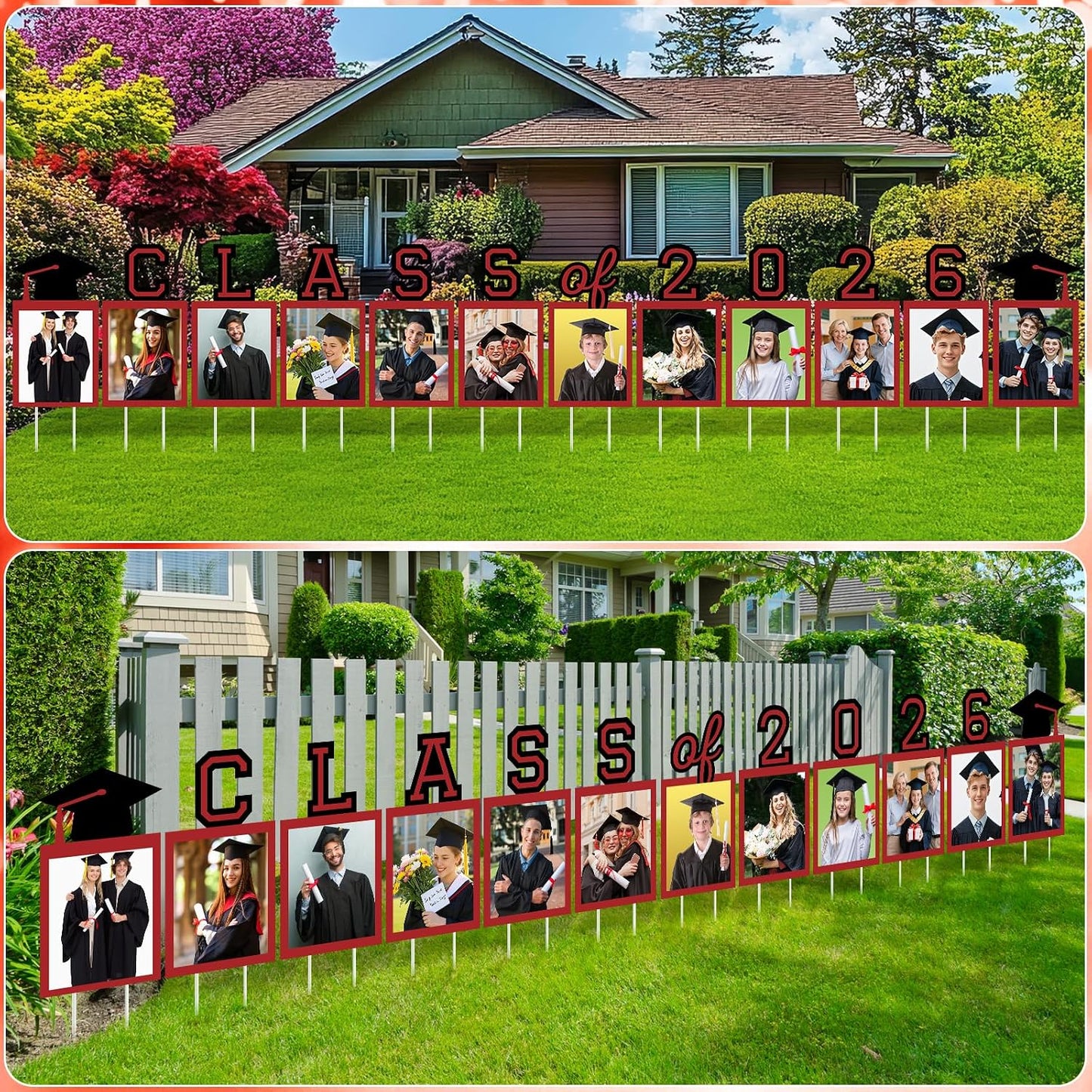 12 Pcs Graduation Photo Yard Sign Decorations 2026, K-12 Grade Graduation School Picture Frame Lawn Sign with Stakes for Kindergarten Middle High School Class of 2026 Grad Party Decorations, Red WN420