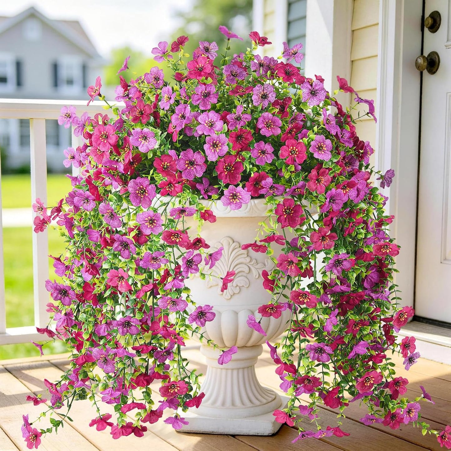 Artificial Hanging Flowers for Outdoor, 2PCS Fake Flowers Faux Silk Daisy with Eucalyptus Leaves, UV Resistant Aritificial Flowers for Spring Home Patio Yard Porch Decor (Light Purple Red) BST202