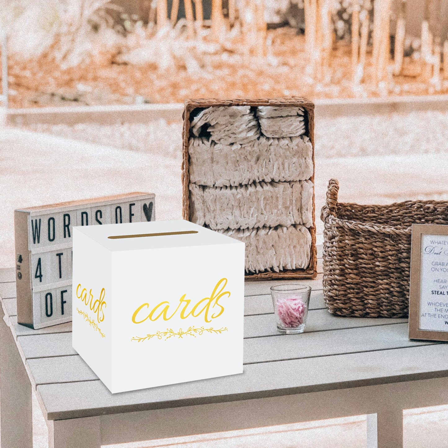 1 Pack White and Gold Wedding Card Box for Party Graduation Bridal Baby Shower Retirement Decorations Cardboard Birthday Card Holder Raffle Ballot Voting Box with Slot 7.8 x 7.8 x 7.8 In BST220