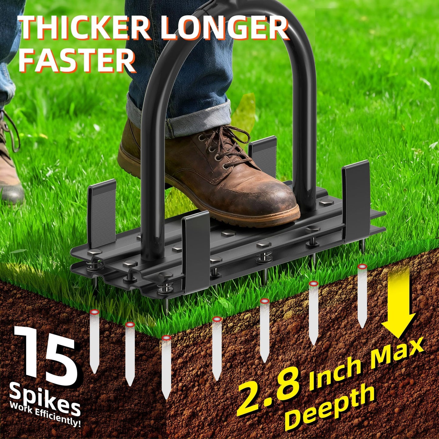 Aerator Lawn Tool - 2-in-1 Reinforced Heavy Duty Manual Lawn Aerator with 15 Spikes, Automatic Dirt and Leaf Clean Design, Adjustable T-Handle (Black)
