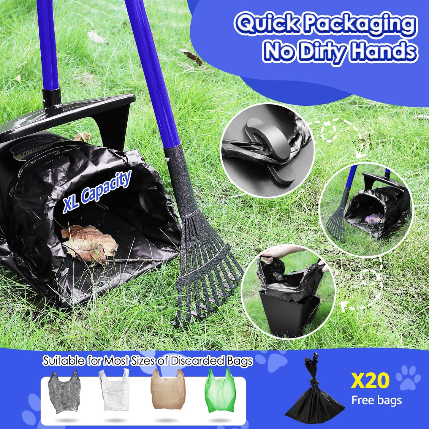 SlowTon Dog Pooper Scooper - 37.4" Long Metal Handle Adjustable Rake & Spade & Swivel Bin with 10 Waste Bags, Portable Pooper Scooper N3233