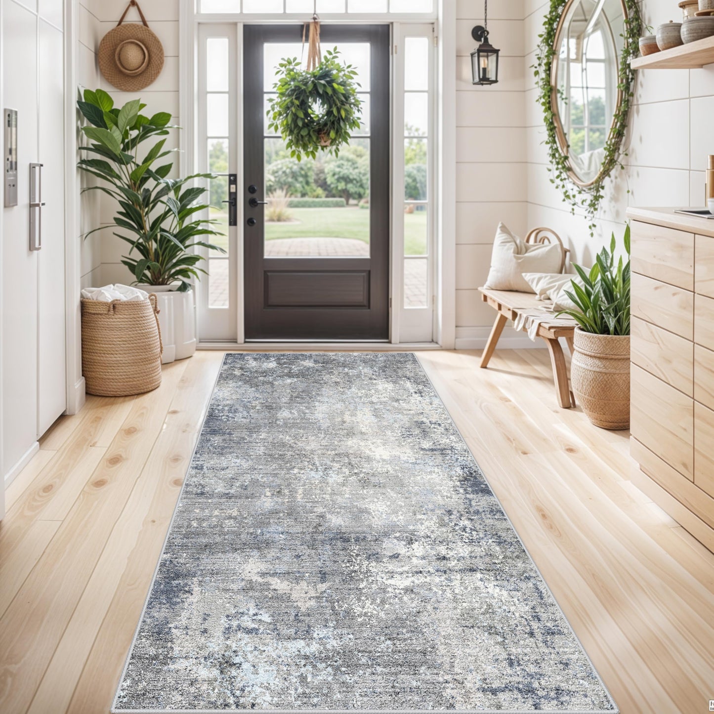 2x3 Washable Entryway Rug – Non-Slip Modern Abstract Neutral Small Throw Area Rug for Kitchen, Bedroom – Soft Low Pile Thin Indoor Door Mat（Black Grey,2x3） BST326H