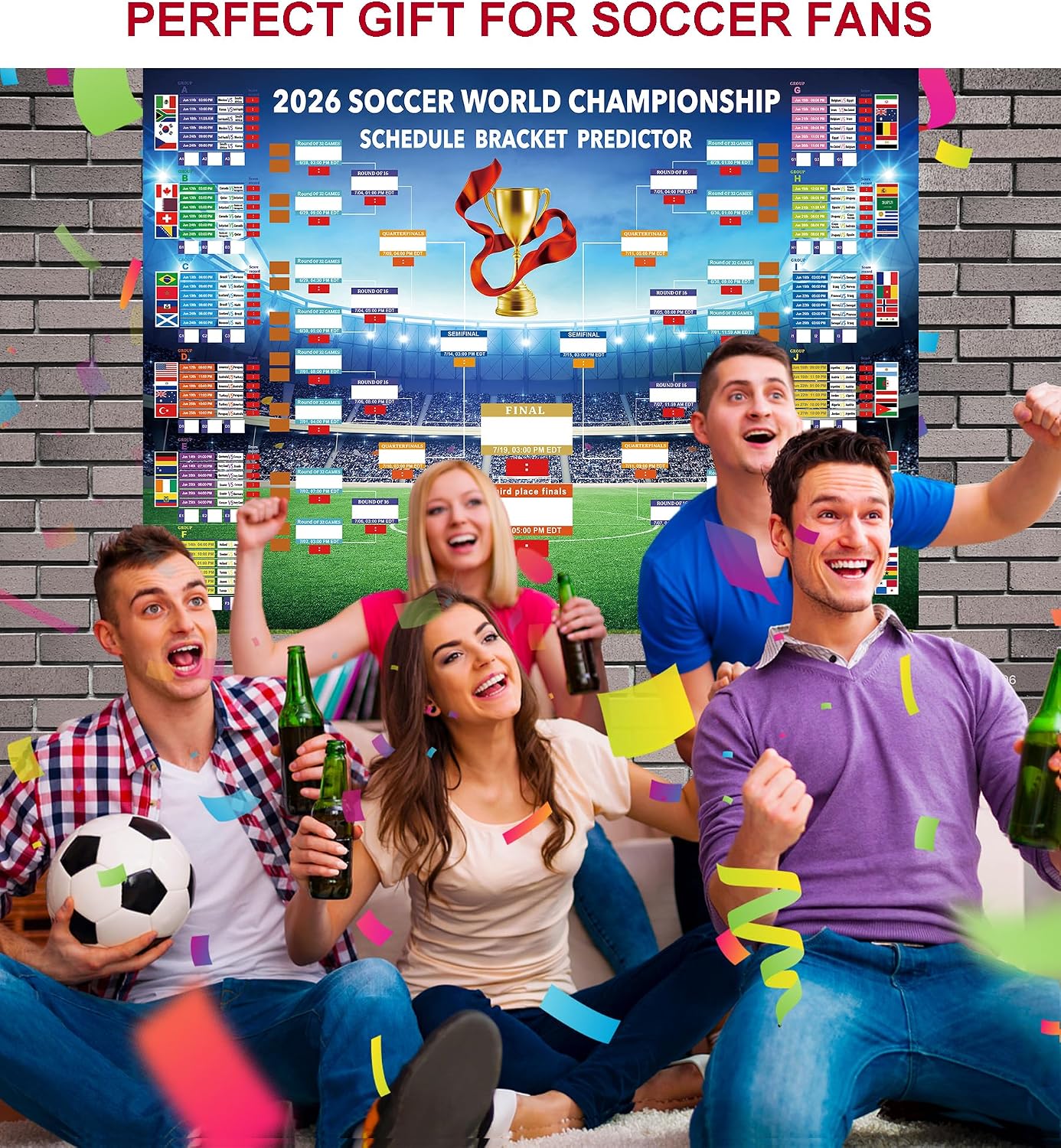 MORTICO 2026 World Cup Bracket Poster 35.5"x23.6" - Bracket Predictor Chart with All Group Matches (A-L) Through Final- EDT Times, Soccer Party Decor Sports Bar Essentials, Great Soccer Fans Gifts BST326H