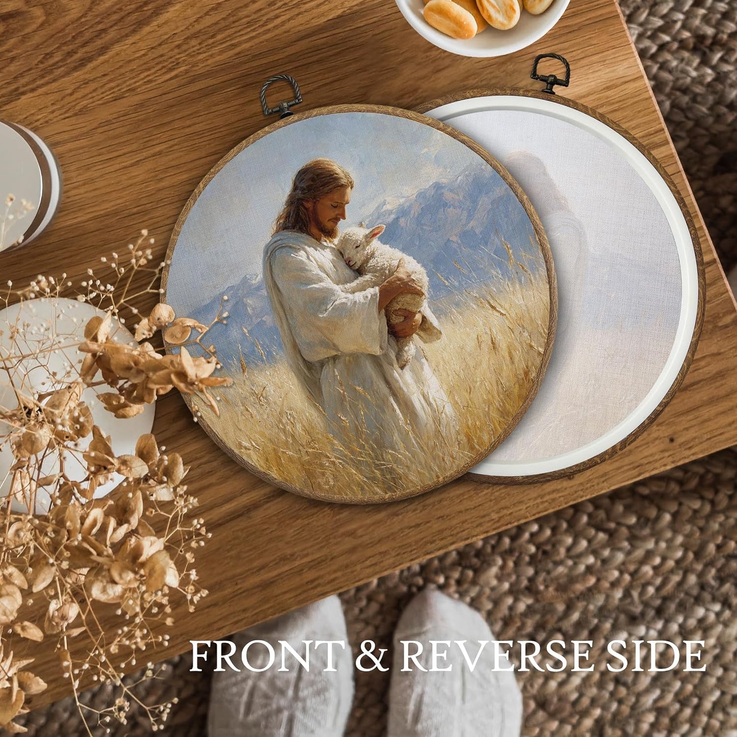 BitKAM Jesus and Lamb Christian Round Wall Art Decor, Jesus Saves the Lost Lamb Canvas Prints Framed, Religious Wall Hanging Decorations for Church Home Bedroom Living Room, 10x10 Inch Wall Sculptures BST326L