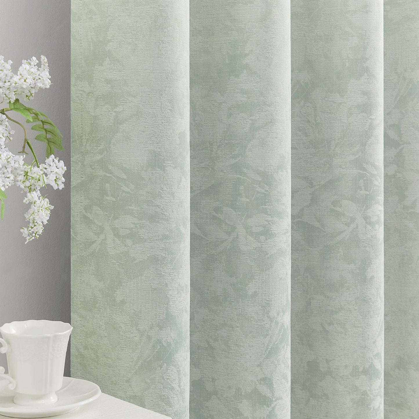 Beauoop Green Floral Jacquard Blackout Curtains 90 Inches Long 2 Panels for Bedroom Living Room Sage Flower Chenille Room Darkening Thermal Insulated Soundproof Grommet Window Treatments Drapes, 52x90 BST220