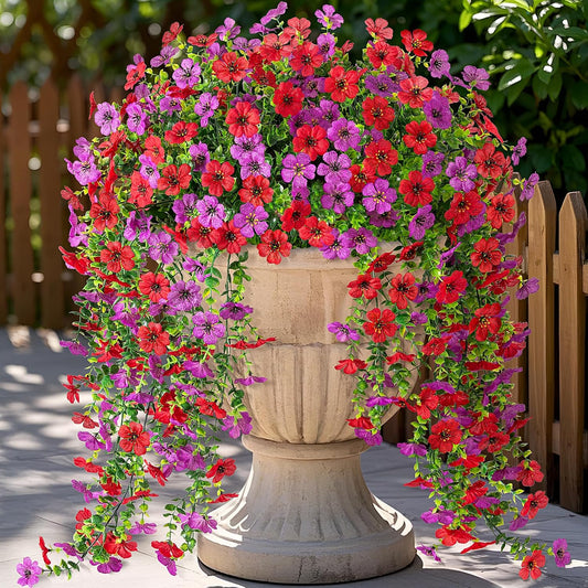Ammyoo Artificial Hanging Flowers Plants for Outdoors Summer Decoration | 2 Pcs Fake Red Purple Silk Daisy Realistic Outside Faux Floral UV Resistant Porch Patio Window Yard Indoor Decor BST326H