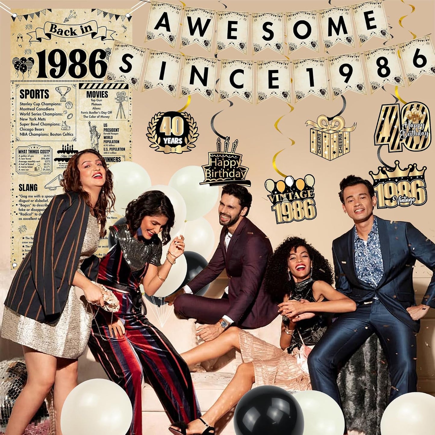 Happy 40th Birthday Decorations Men - 27 Pcs Retro Newspaper Theme Awesome Since 1986 Letter Banners Hanging Swirls Backdrop Latex Balloons for Men Women 40 Years Old Birthday Party Decor Supplies BST326L