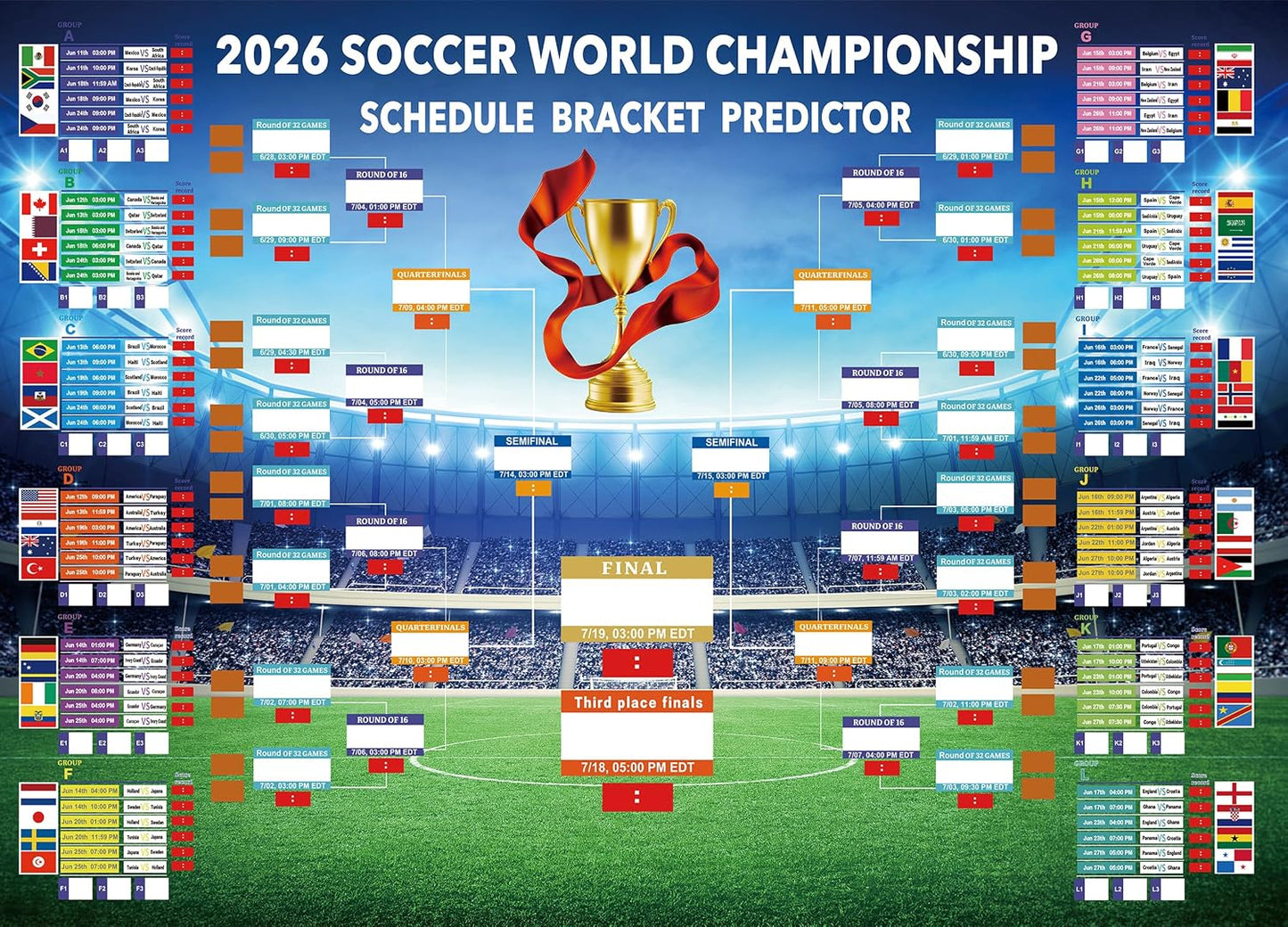 MORTICO 2026 World Cup Bracket Poster 35.5"x23.6" - Bracket Predictor Chart with All Group Matches (A-L) Through Final- EDT Times, Soccer Party Decor Sports Bar Essentials, Great Soccer Fans Gifts BST326H