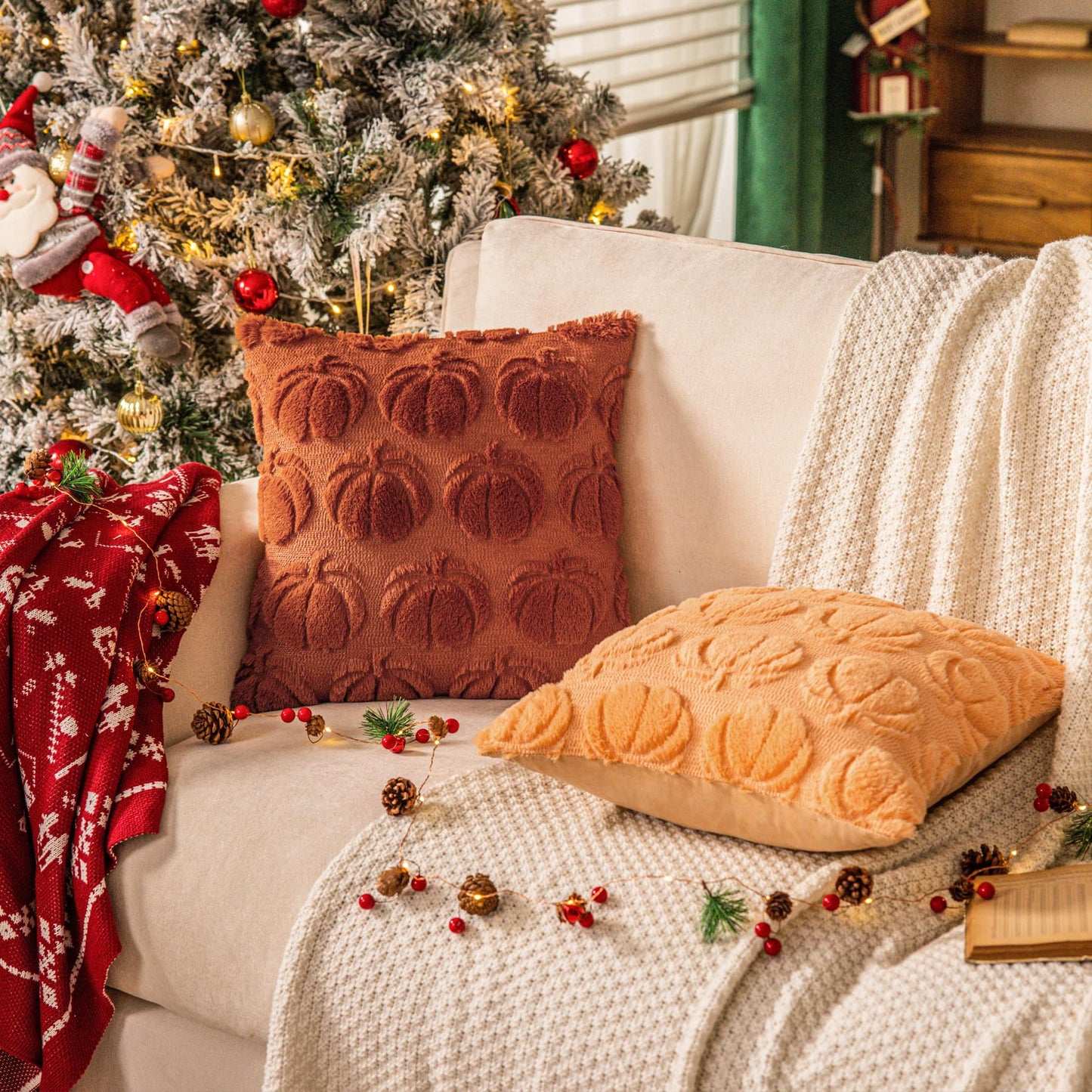 Cream White Fall Pumpkin Decorative Throw Pillow Covers Set of 2, 18x18 Inch Soft Plush 3D Embroidered Halloween Pillow Covers for Fall Decorations Farmhouse Cushion Covers for Thanksgiving BST220
