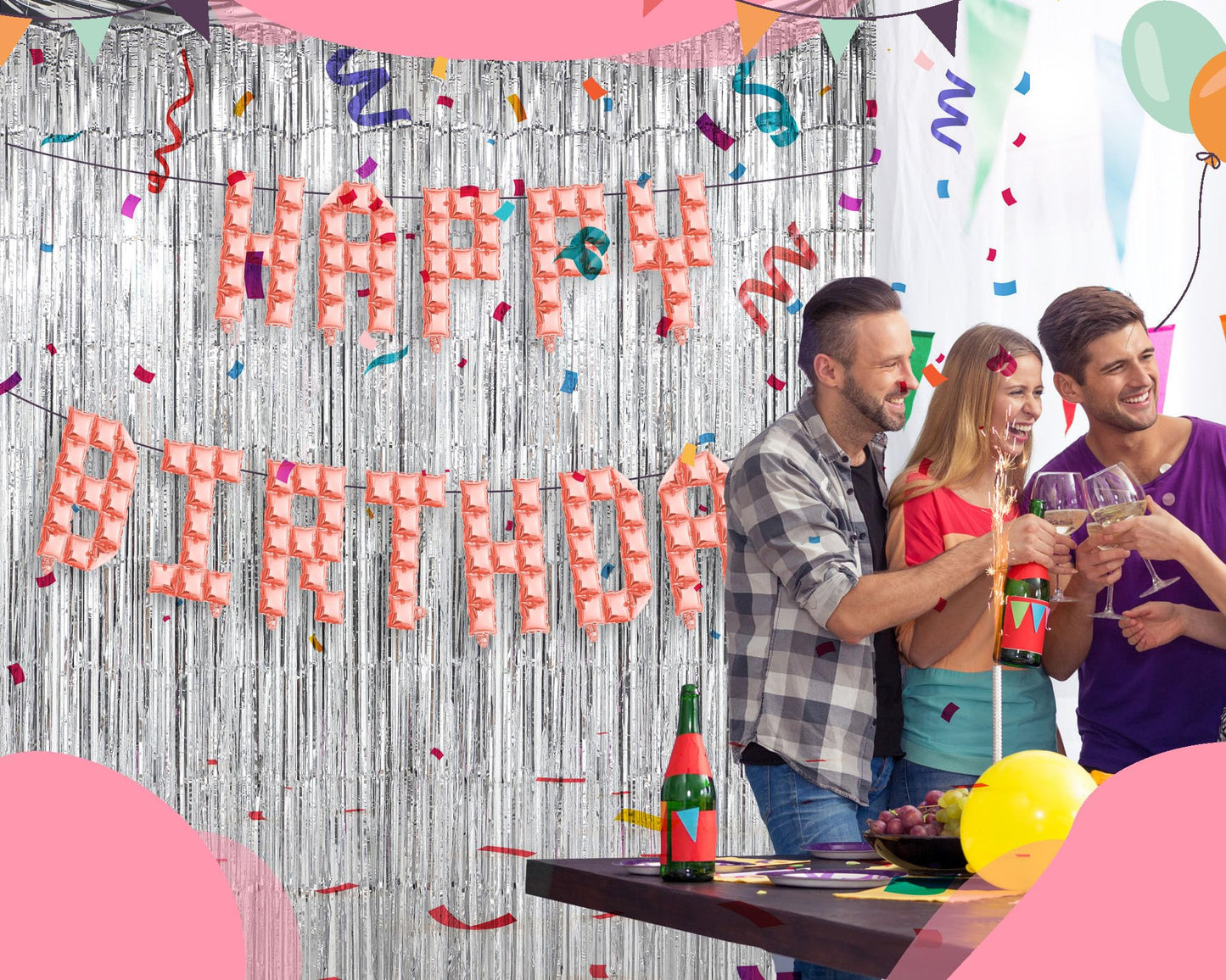 Seenelling Happy Birthday Balloons Banner with 3 Pack Silver Foil Fringe Backdrop 16 Inch Foil Letters Metallic Tinsel Fringe Curtains Reusable Inflatable Birthday Party Decorations(Blue) BST326L