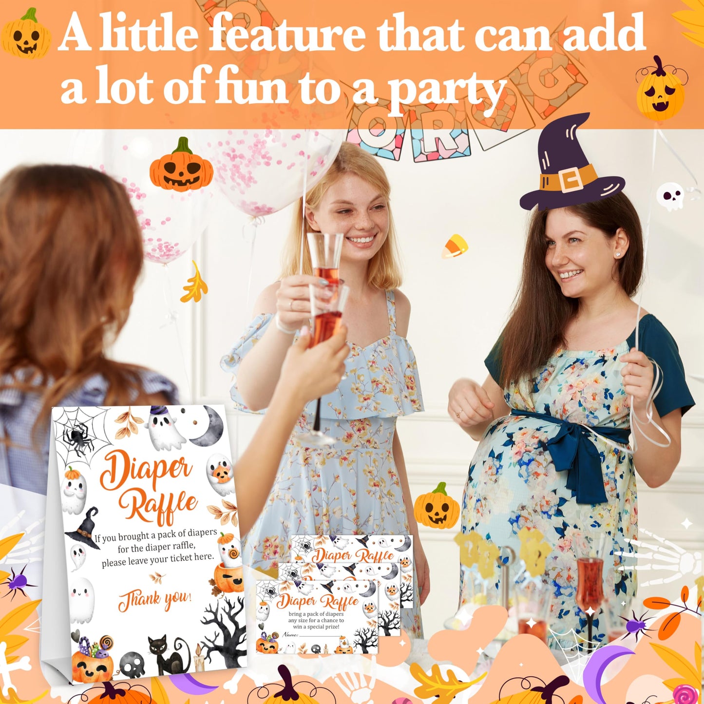 Halloween Baby Shower Measure The Baby Bump, 1 Self-Standing Sign + 50 Tickets for Little Ghost Gender Reveal Announcement Party Favor Supplies - D12 BST326L