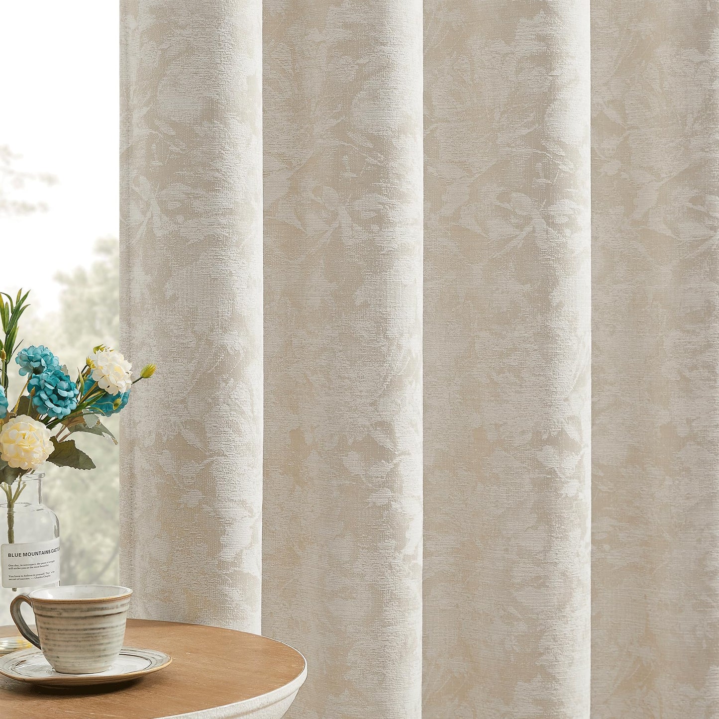 Beauoop Green Floral Jacquard Blackout Curtains 90 Inches Long 2 Panels for Bedroom Living Room Sage Flower Chenille Room Darkening Thermal Insulated Soundproof Grommet Window Treatments Drapes, 52x90 BST220