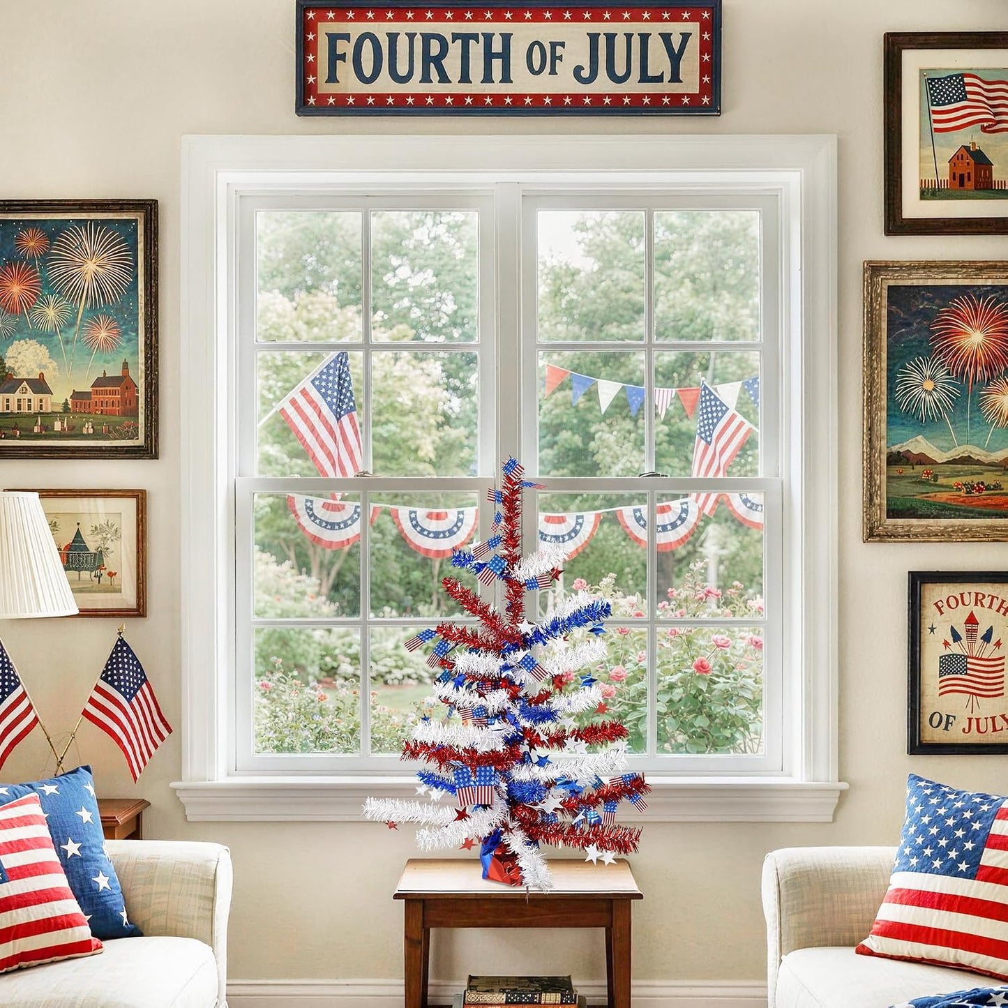 4th of July Table Centerpiece Decoration - Patriotic Tree for Tables Metallic Foil Spray Star Burst Independence Day Party Dining Home Memorial Day Supplies BST202