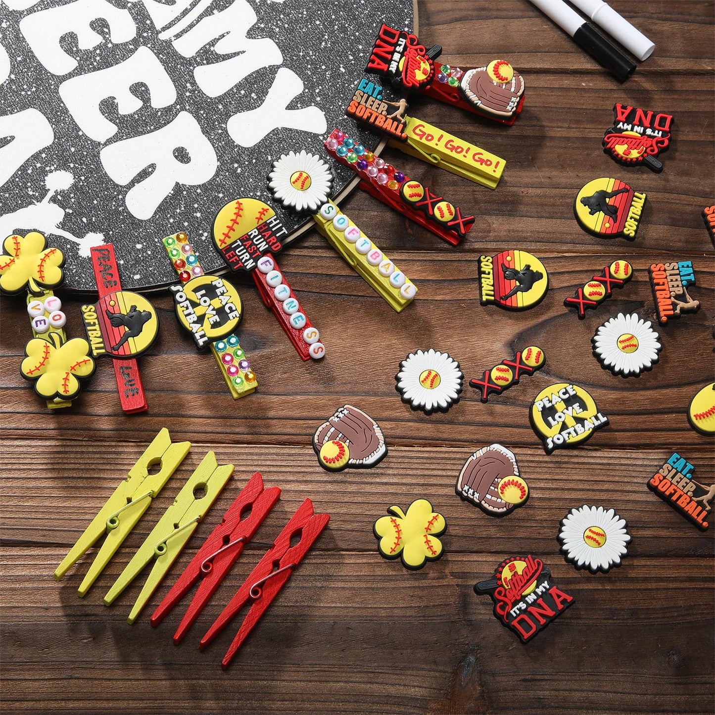 Amyhill 60 Sets Baseball Cheer Pins Wooden DIY Spirit Clips Clothes Pins with 260 Alphabet Beads 4 Rhinestone Stickers 4 Markers 9 ml Glue 60 Baseball Stickers for Cheerleaders Gifts Backpacks Decor BST326H