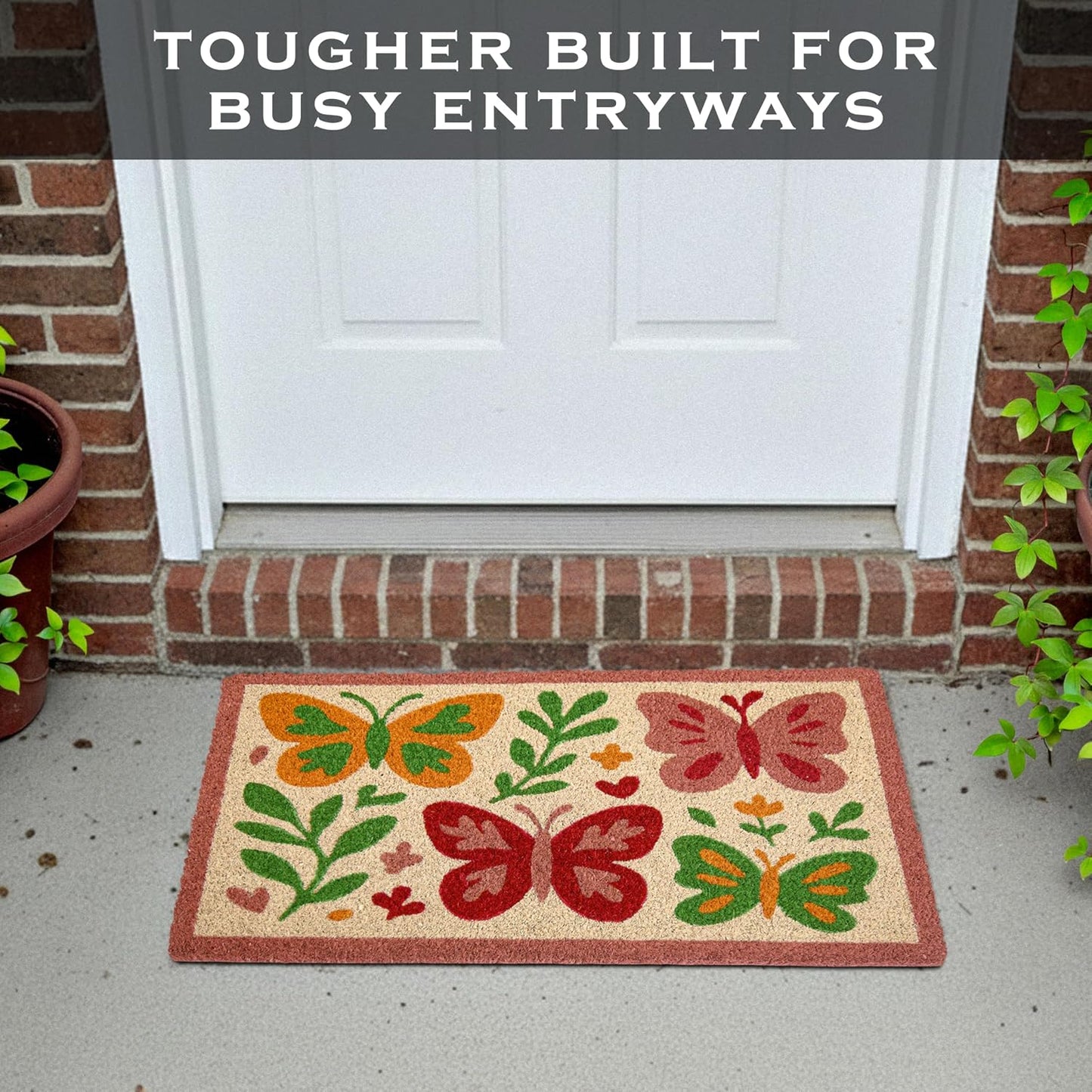 MAINEVENT Butterfly Welcome Mat 30x17 Inch, Spring Outdoor Doormat Coir | Natural Coco Fiber Spring Decor, Pvc Backing, Dirt Scraper, Nature-Inspired Farmhouse Decor, Housewarming Gift, Covered Porch BST202