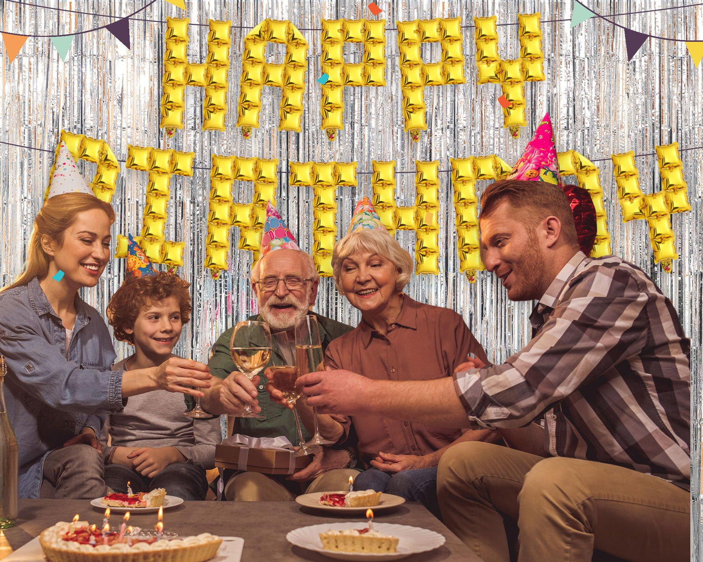 Seenelling Happy Birthday Balloons Banner with 3 Pack Silver Foil Fringe Backdrop 16 Inch Foil Letters Metallic Tinsel Fringe Curtains Reusable Inflatable Birthday Party Decorations(Blue) BST326L