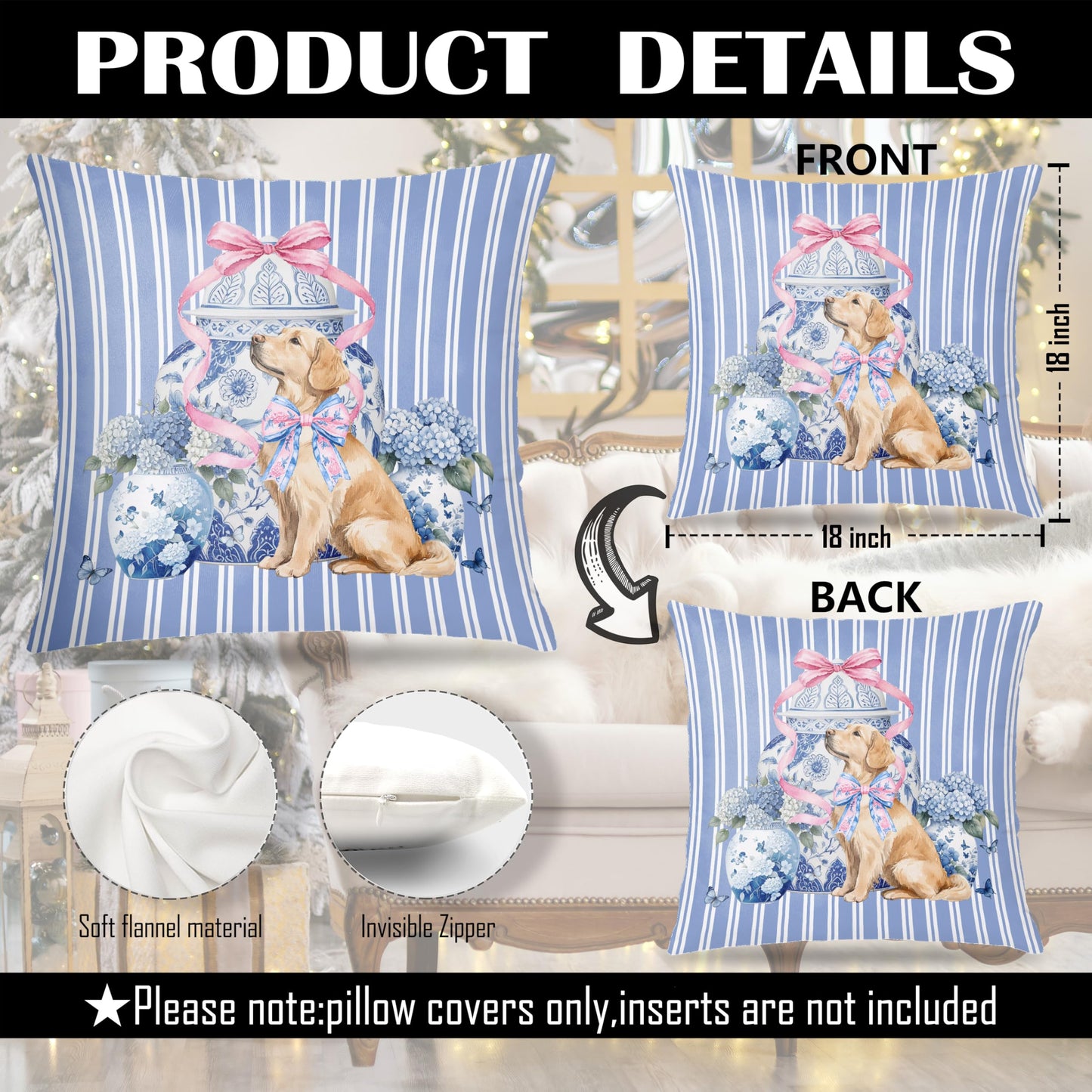 Coquette Pink Chinoiserie Bow Dachshund Pillow Covers 18x18, Dachshund Gifts for Women, Preppy Pink Striped Cute Weiner Dog Decorative Pillow Covers for Girls Bedroom Living Room Home BST202