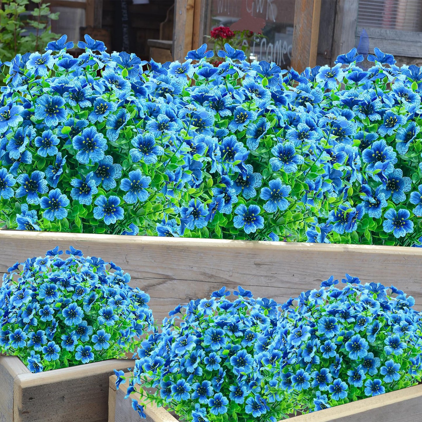 8 Bundles Outdoor Artificial Flowers,UV Resistant Fake Flowers Outdoor Plastic Plants Faux Silk Flower for Outside Indoor Decoration(Blue) BST202