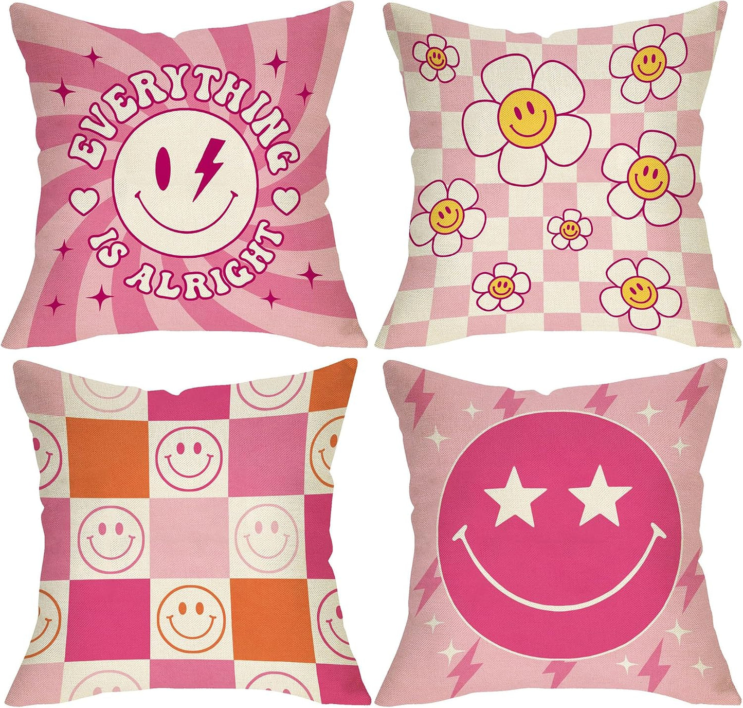 Groovy Smiling Face Inspirational Decorative Throw Pillow Covers | 20 x 20 Set of 4, Pink Hippie Smile Flower Porch Outdoor Home Decor, Motivational Quote Everything is Alright Couch Cushion BST202
