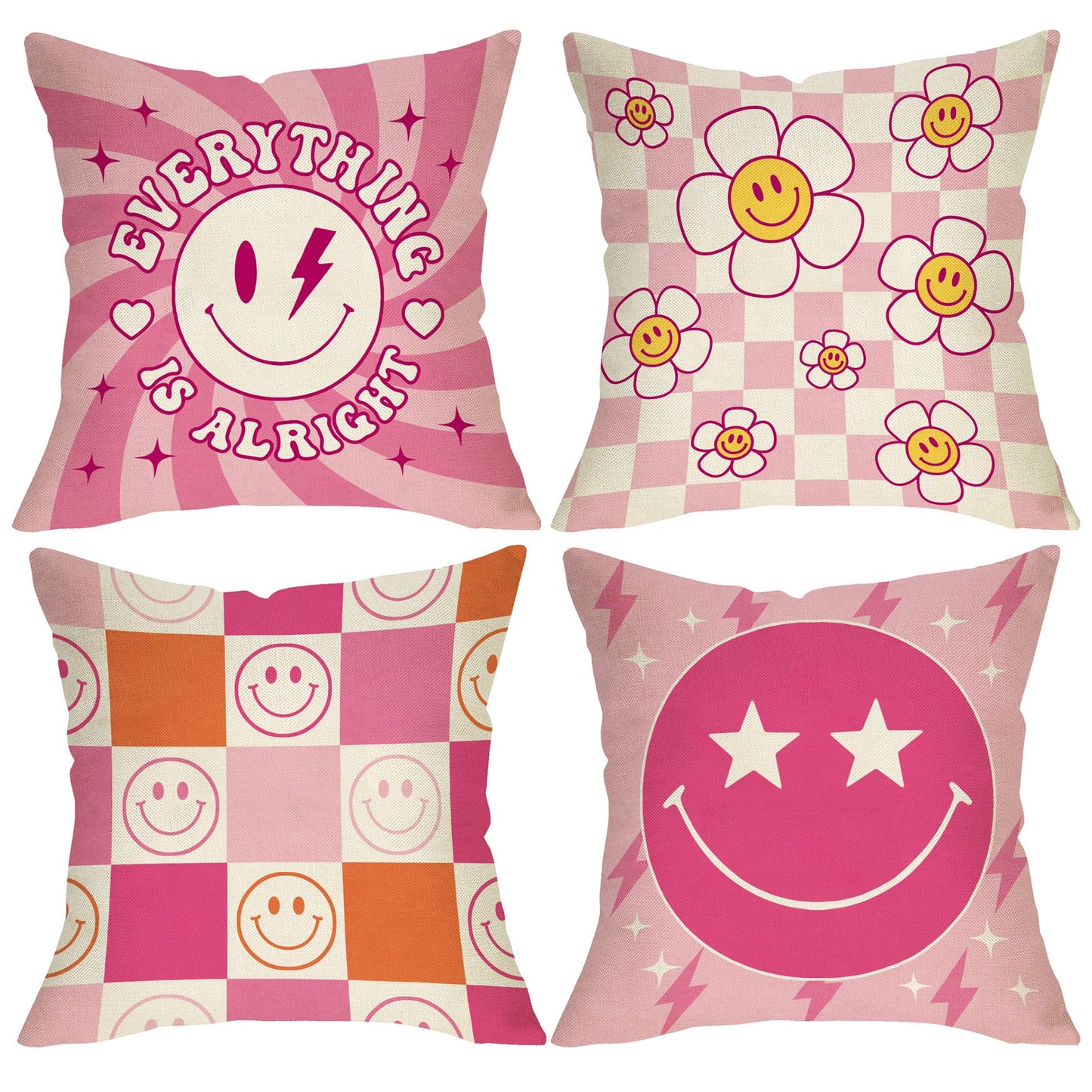 Groovy Smiling Face Inspirational Decorative Throw Pillow Covers | 20 x 20 Set of 4, Pink Hippie Smile Flower Porch Outdoor Home Decor, Motivational Quote Everything is Alright Couch Cushion BST202