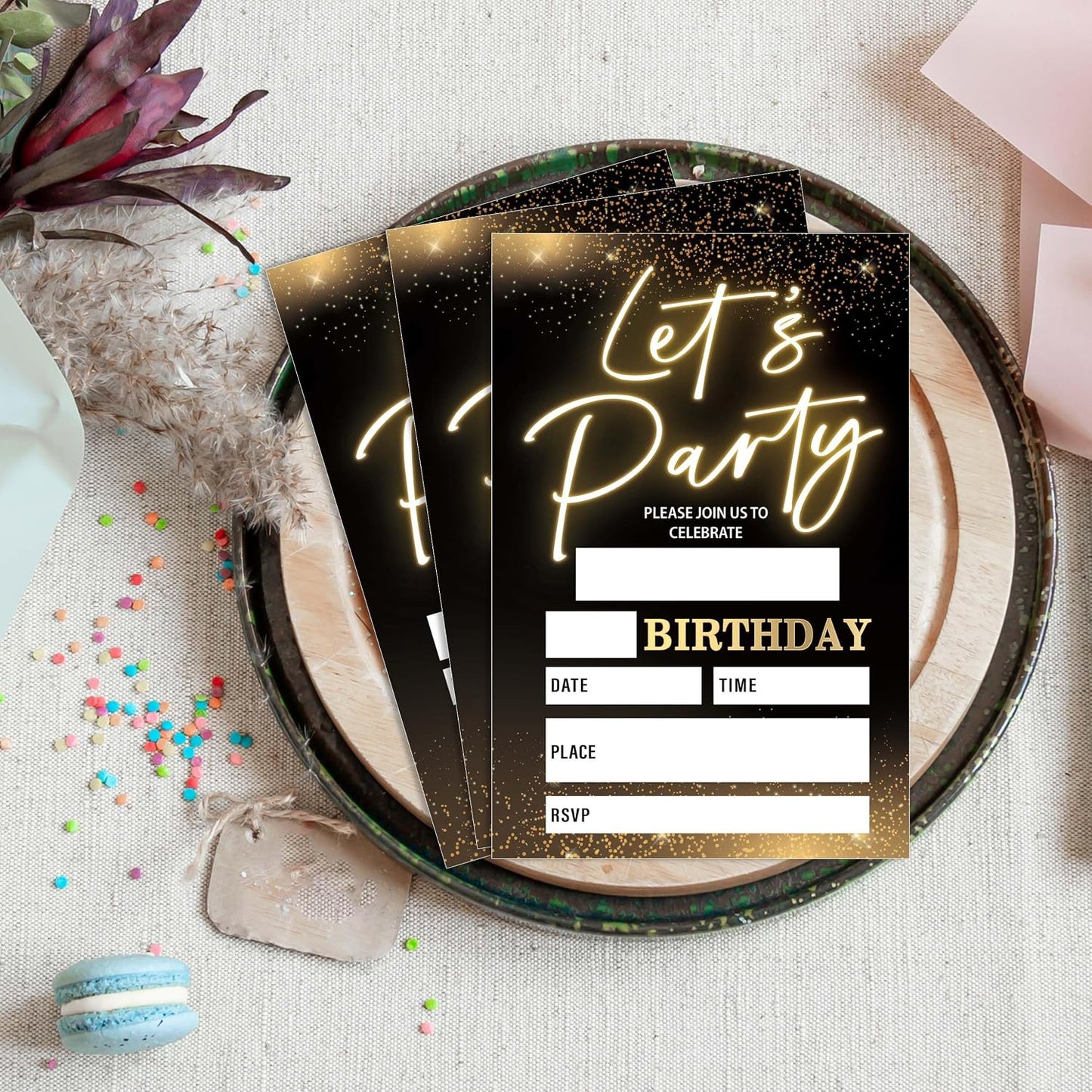 Let's Party! Gold Birthday Invitations, 4x6 Inch, 20Pcs Double-Sided Fill-In Cards & Envelopes for Boys, Girls, Birthday Parties WN420
