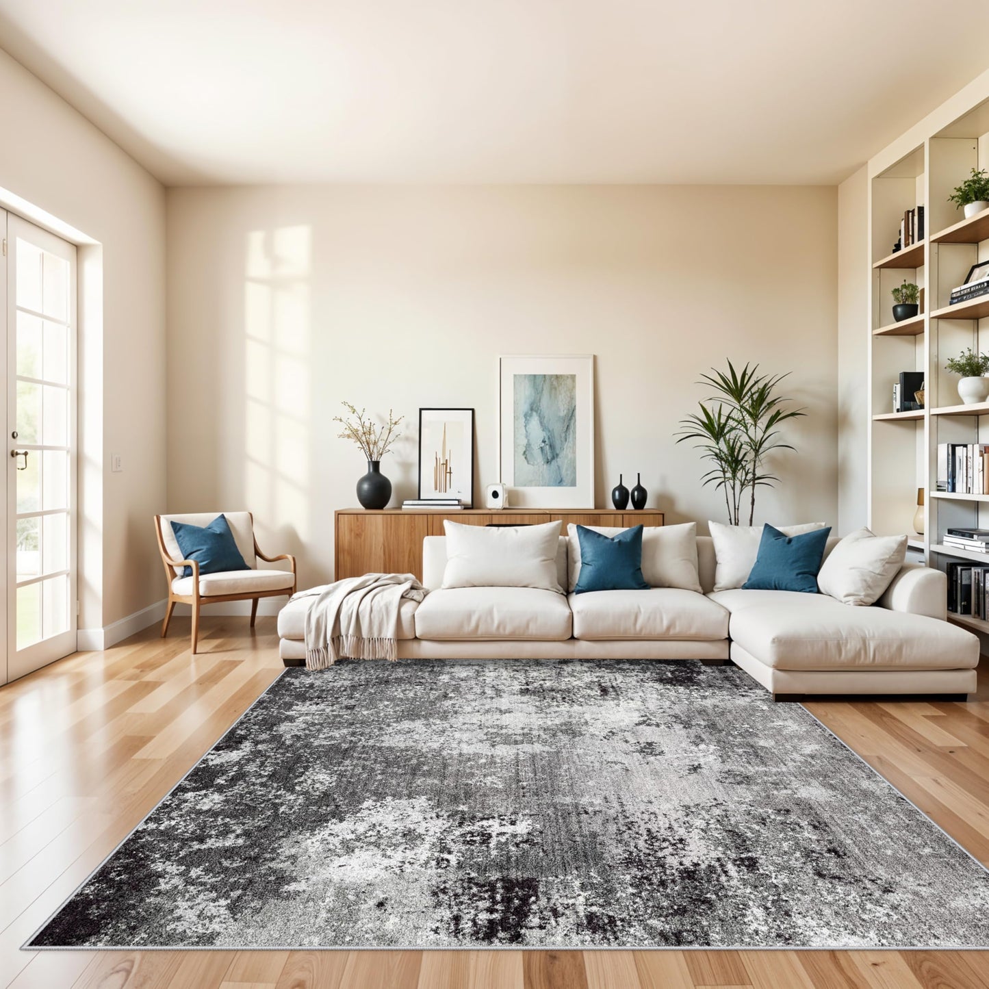 2x3 Washable Entryway Rug – Non-Slip Modern Abstract Neutral Small Throw Area Rug for Kitchen, Bedroom – Soft Low Pile Thin Indoor Door Mat（Black Grey,2x3） BST326H