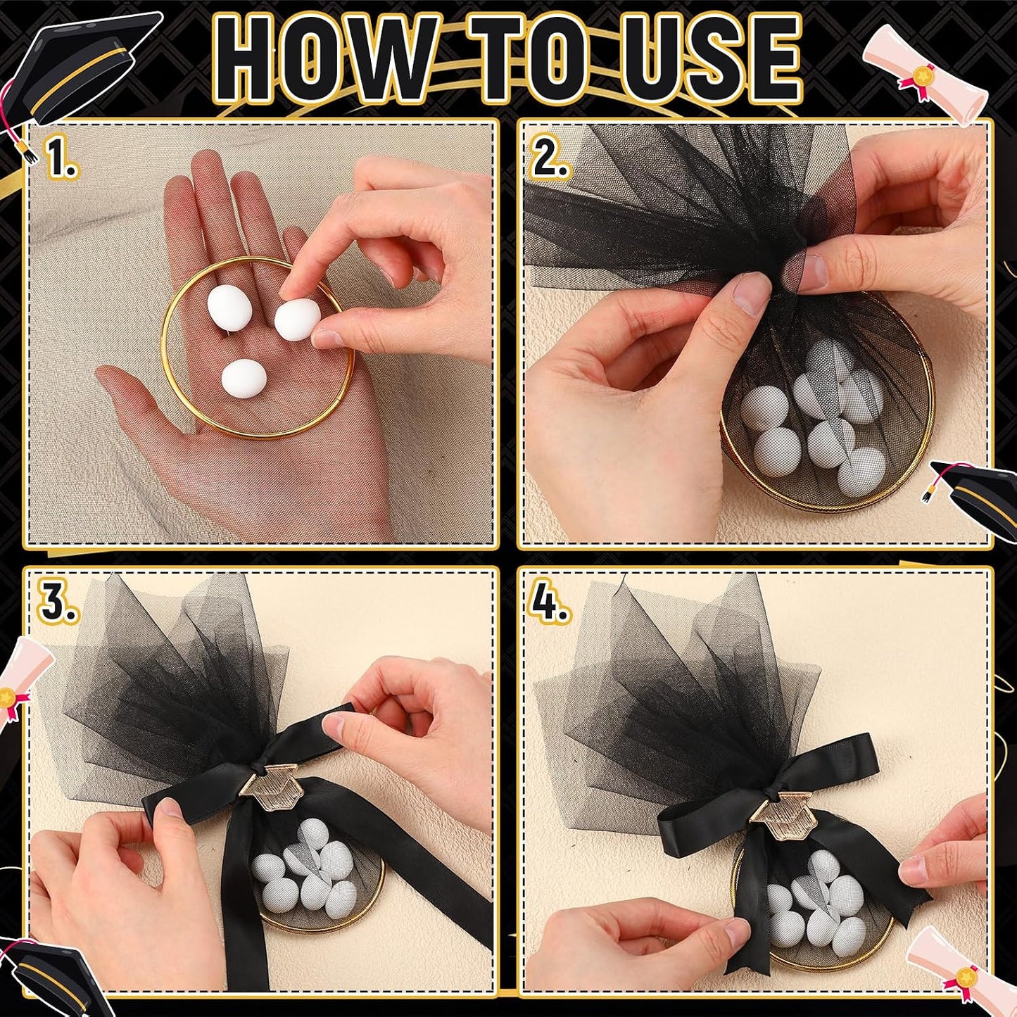 Leinuosen 30 Set Graduation Almond Candy Favors with Ring Tulle Bag DIY Marzipan Souvenirs for Class of 2026 Party Graduate Tradition Favors No Almond Candy (Black,Golden) WN420