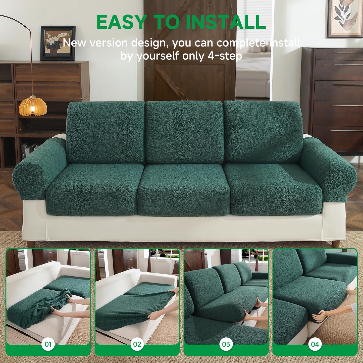 OHSIO Couch Cushion Covers for Sectional Sofa, Stretch Soft Sofa Slipcovers Washable Wear-Resistant Universal Furniture Protector for Living Room(1 Piece Oversized Cover, Green) BST202