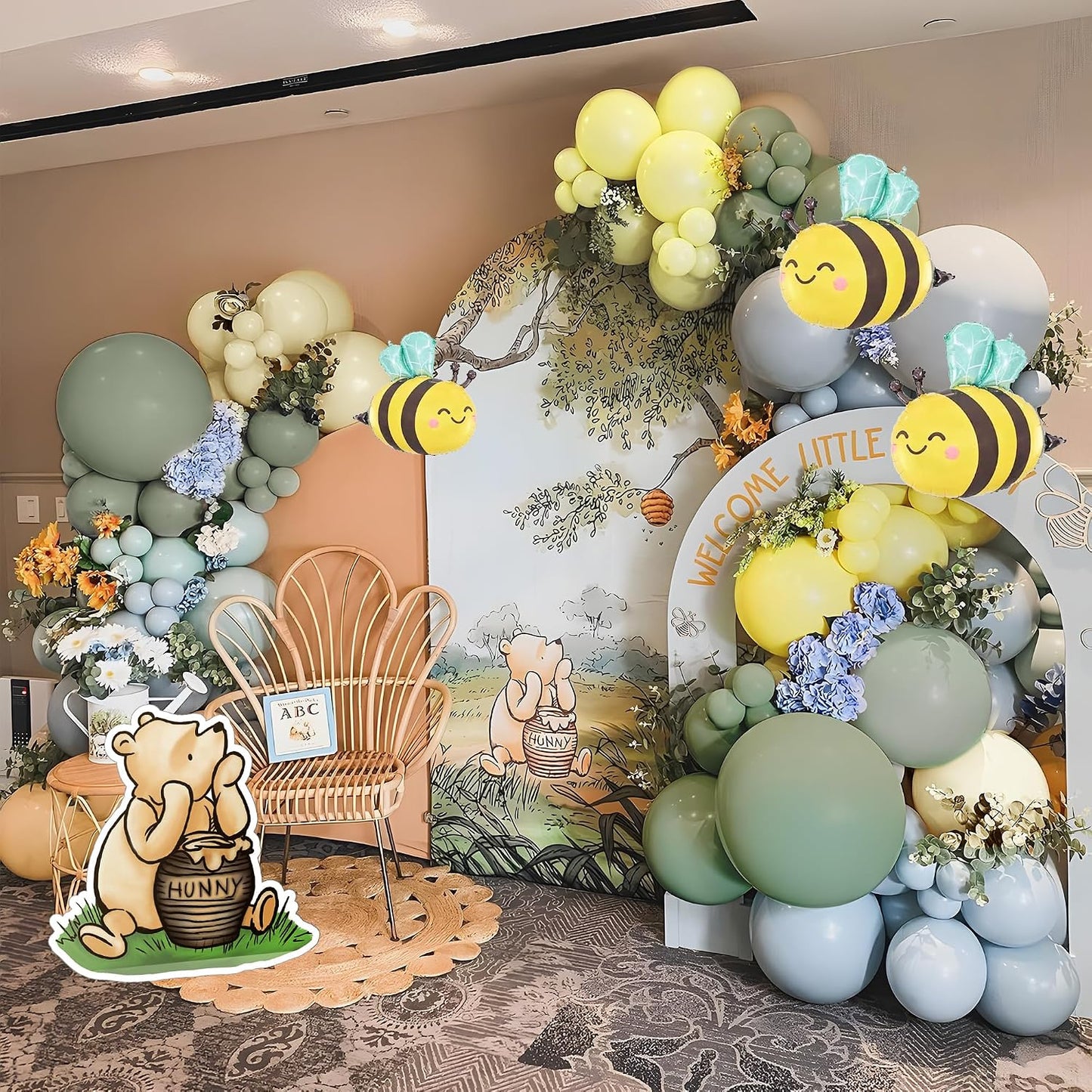 Bee Baby Shower for Boy Balloon Arch with Bee Foil Balloons 113 Pcs 18" 12" 10" Balloon Garland with Sage Green, Baby Blue, Honey Yellow & Sand White Arch for Bear Theme Party Decorations BST202