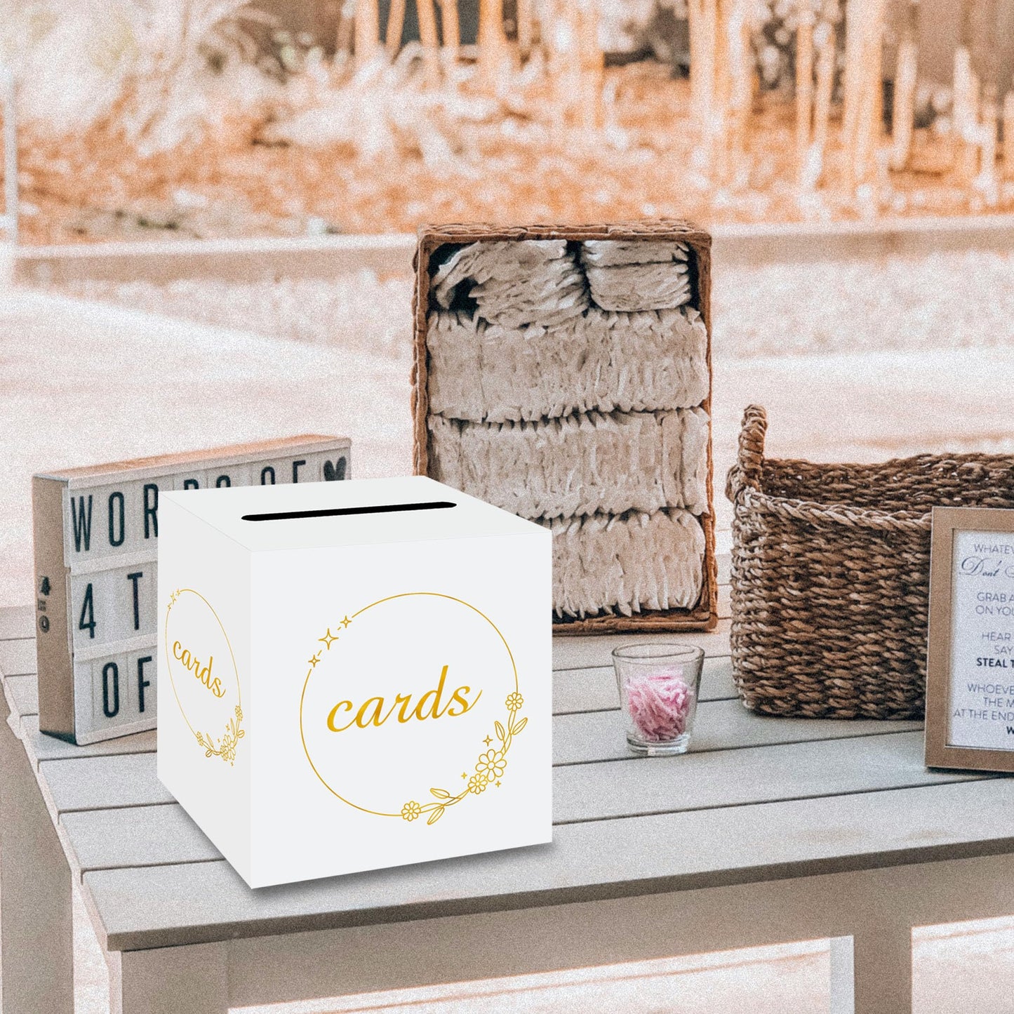 1 Pack White and Gold Wedding Card Box for Party Graduation Bridal Baby Shower Retirement Decorations Cardboard Birthday Card Holder Raffle Ballot Voting Box with Slot 7.8 x 7.8 x 7.8 In BST220