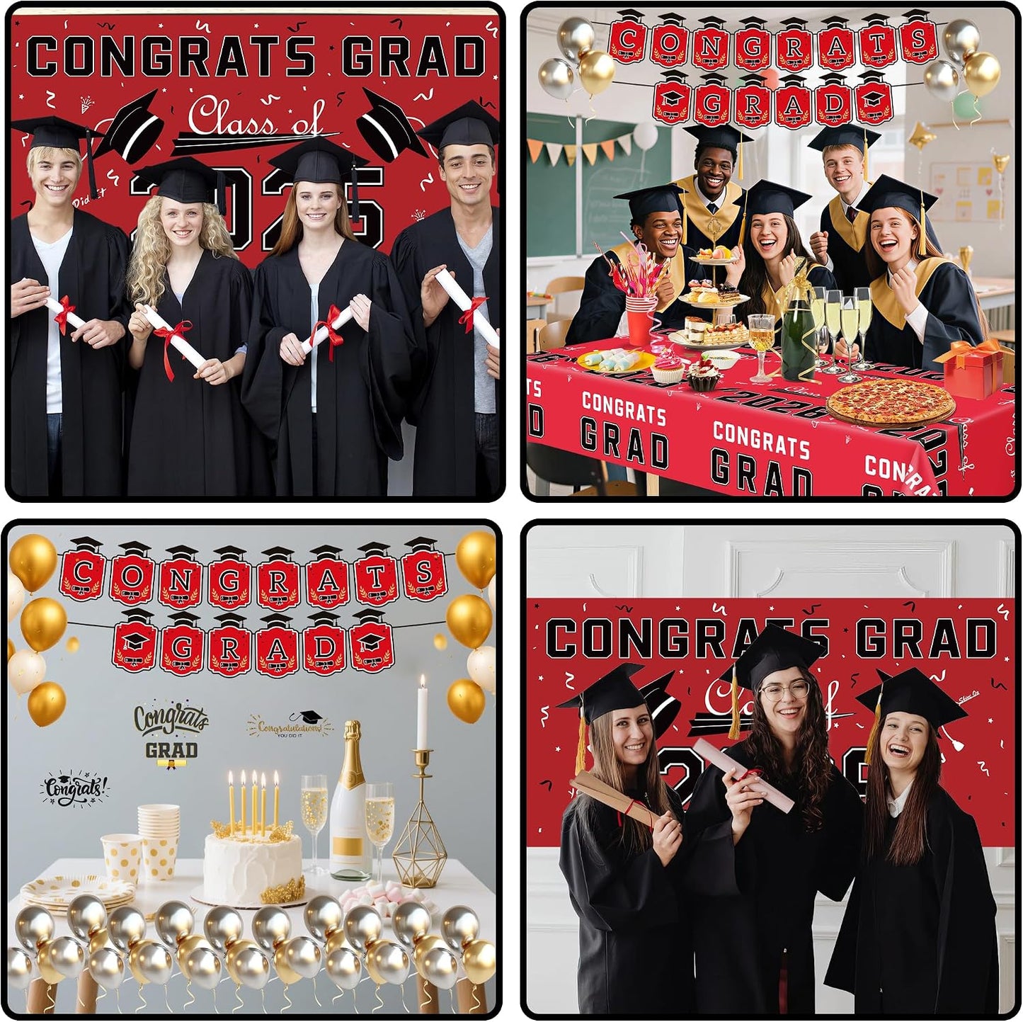 Graduation Decorations 2026 2027 - Red Congrats Grad Banner Backdrop Tablecloth Set - Graduation Decorations Class of 2026 | Graduation Party Favors Supplies WN420