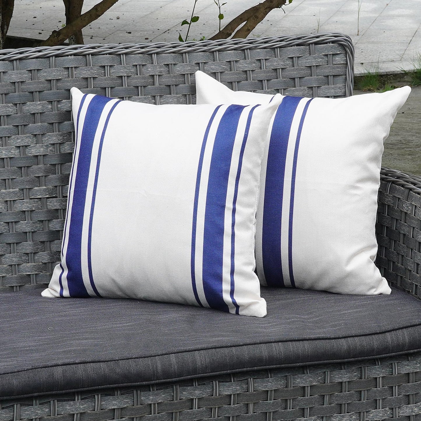 ONWAY Outdoor Pillow Covers Waterproof 18x18 Set of 2 Decorative Linen Throw Pillow Cover Beige and Black Striped Outdoor Pillows for Patio Furniture BST220