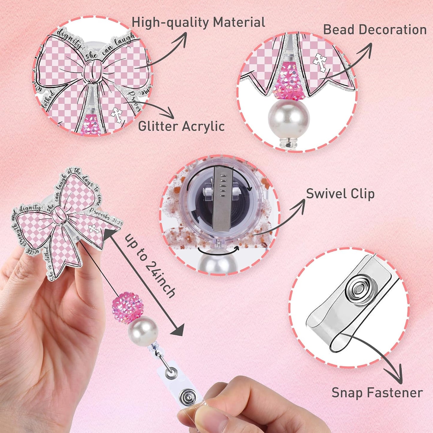 Christian Pink Bow Badge Reel, Bible Verse Proverbs 31:25 Retractable ID Holder with Swivel Clip, Faith Religious Badge Clip Work Accessories Gift for Women WN420