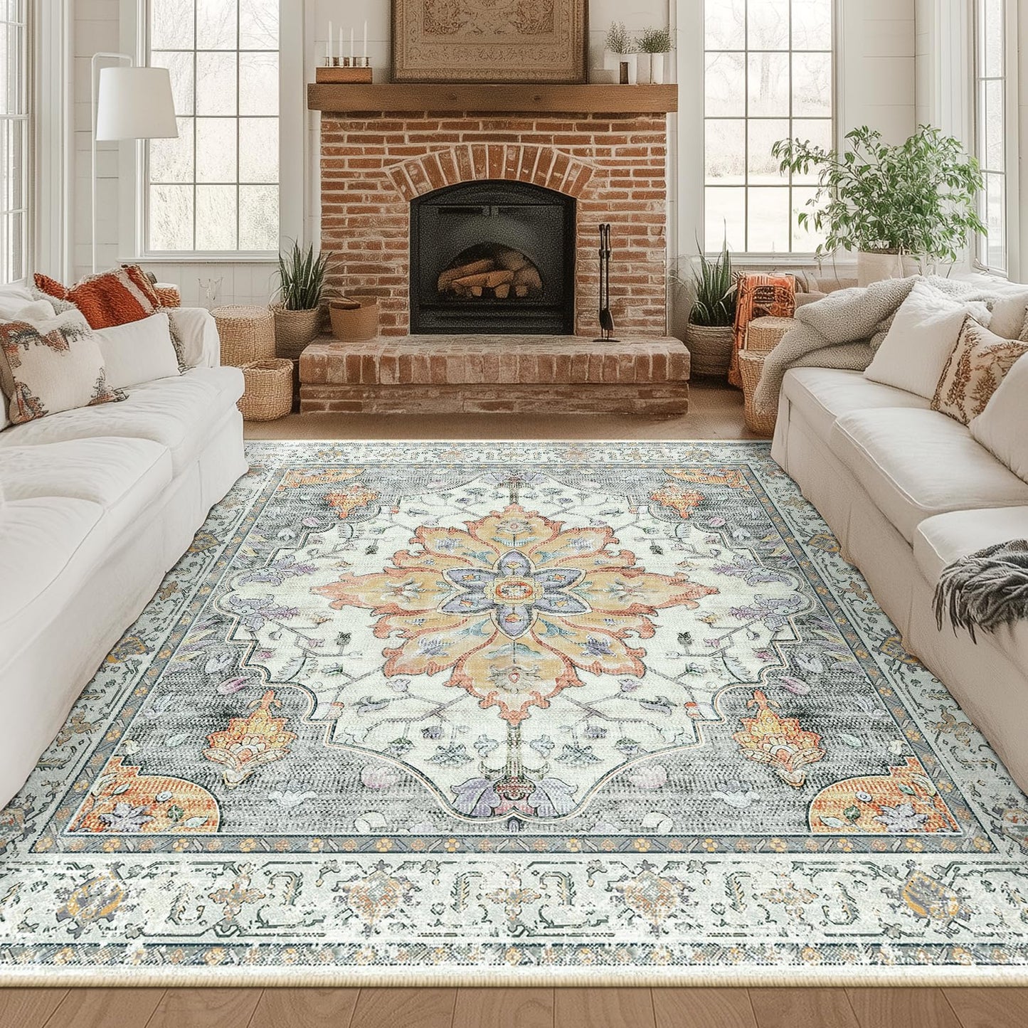RELEANY Area Rugs Runner 2'x6' Washable Non-Slip, Floral Vintage Distress Medallion Carpet for Kitchen Hallway Bedroom Beside Laundry Room Bathroom, Teal Green Lake Blue Turquoise DD1210
