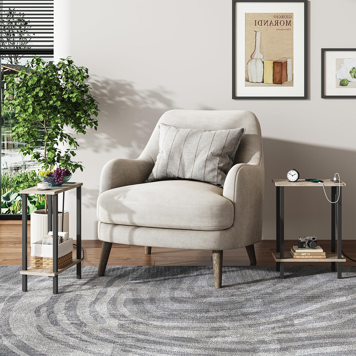 TUTOTAK Small End Table with Charging Station, Narrow Side Table with USB Ports and Outlets, Set of 2, Skinny Sofa Table, Slim Nightstand, Living Room, Bed Room, White TB01BW0602