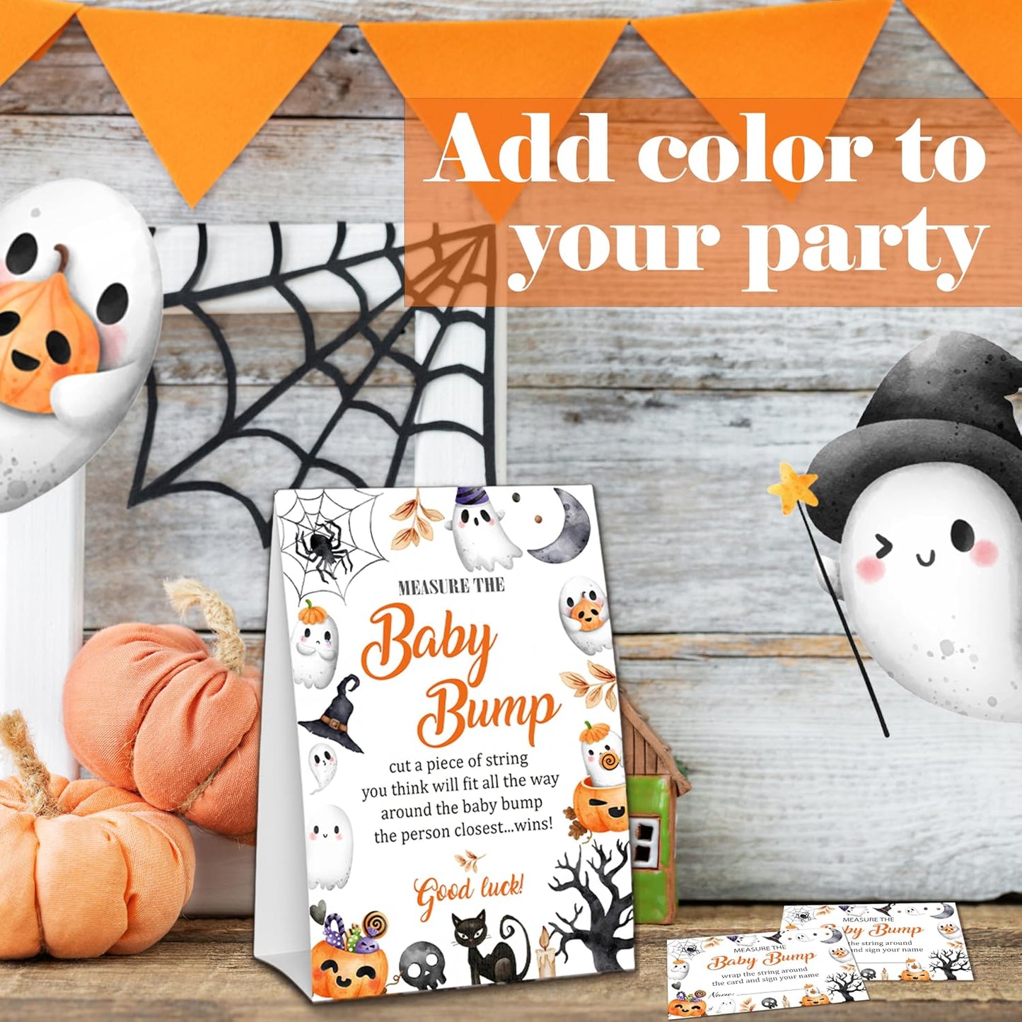 Halloween Baby Shower Measure The Baby Bump, 1 Self-Standing Sign + 50 Tickets for Little Ghost Gender Reveal Announcement Party Favor Supplies - D12 BST326L